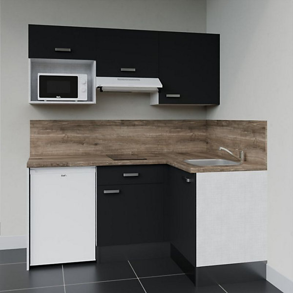 Kitchenette KA03 façades Noir - Plan de travail Bois - Crédences : Oui - Evier inox - Electroménager Blanc inclus