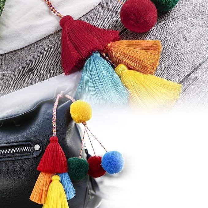 PEACH ACCESSORIES Pompom and Tassels Bag Pendant in Multicolours