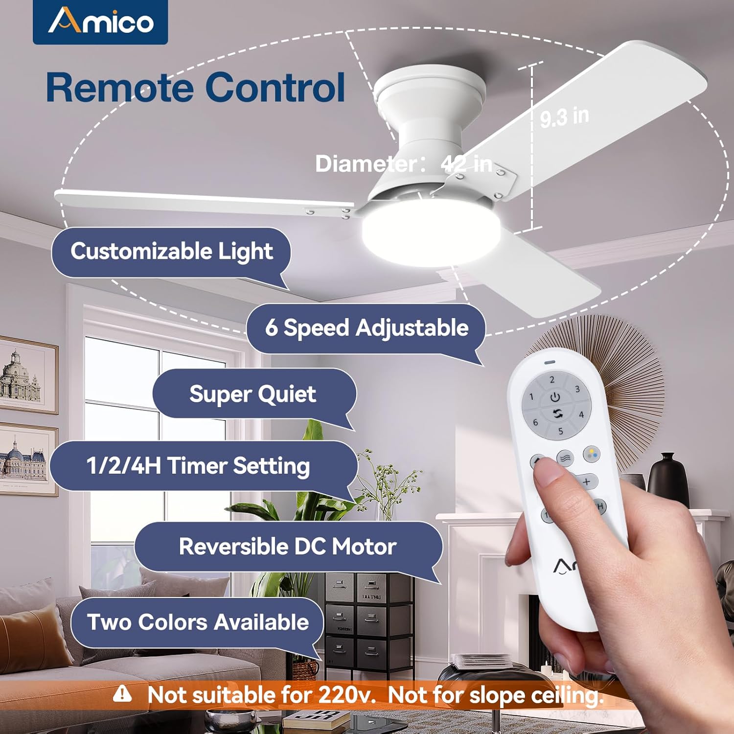 Amico 2 Pack Ceiling Fans with Lights, 42 inch Low Profile Ceiling Fan with Light and Remote Control, Flush Mount, Reversible, 3CCT, Dimmable, Noiseless, White Ceiling Fan for Bedroom, Indoor/Outdoor