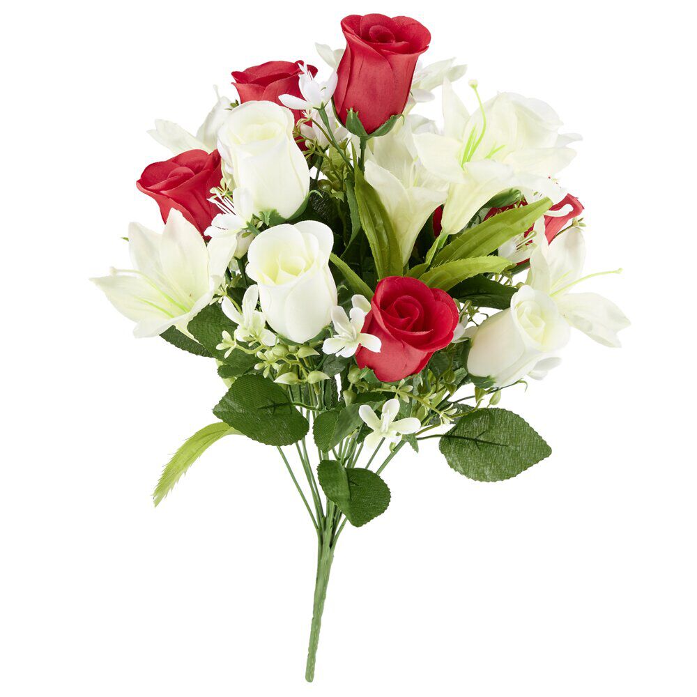 Bouquet artificiel 18 tiges lys roses et petites fleurs rouge et blanc Ø29xH51cm