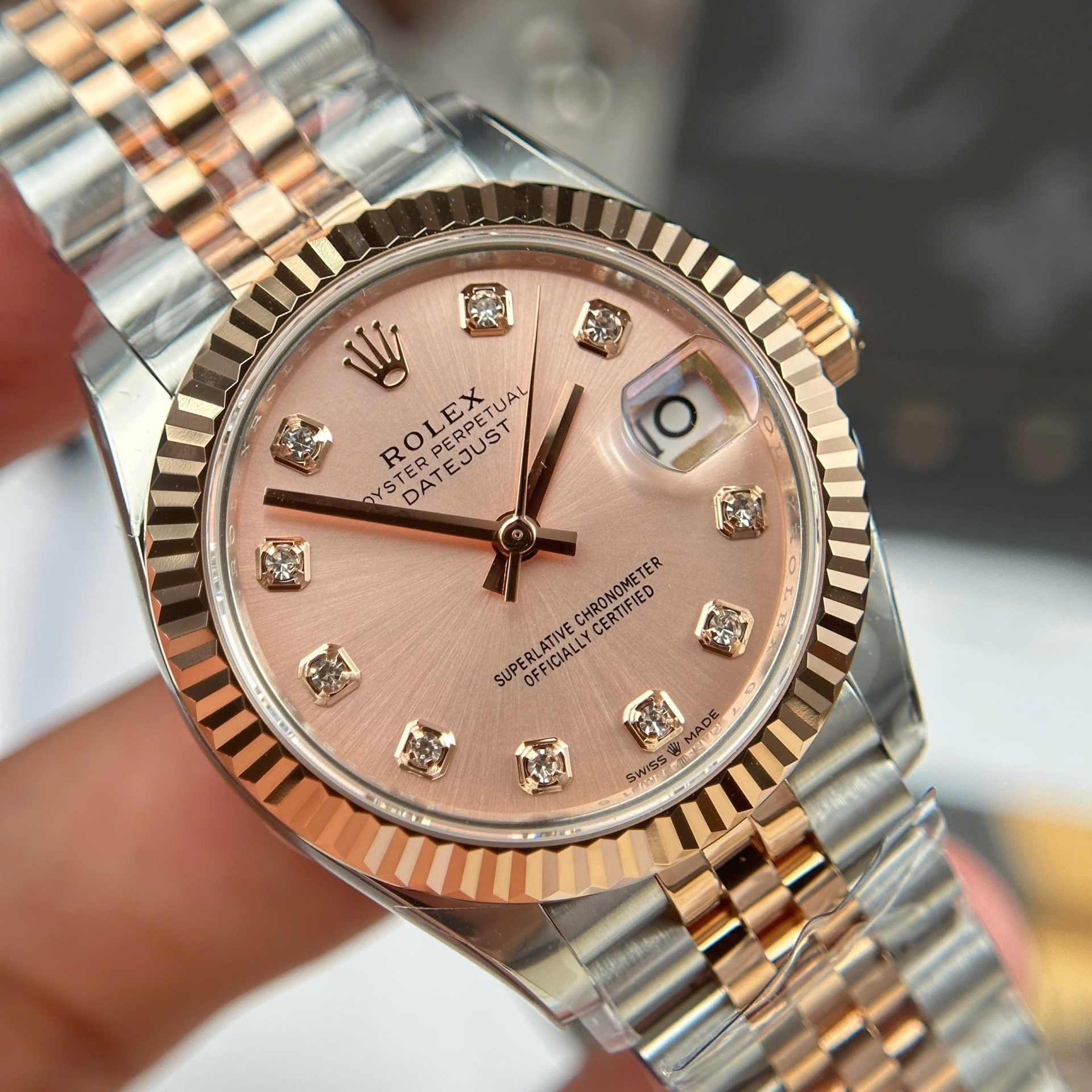 Rolex Datejust SS/RG Plated Fluted Pink Dial CZ Diamonds 31mm Jub AAA Replica