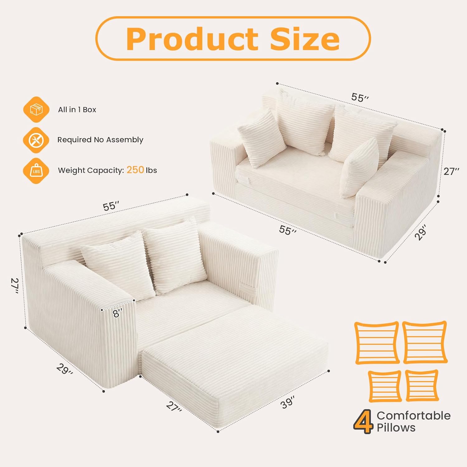 Boneless Loveseat Sleeper Sofa Bed, 3-in-1 Convertible Sofa Bed and Futon Couch with 4 Pillows, 55 Beige Boneless Couch for Living Room, Guest Room, Small Space, No Assembly Required, Corduroy