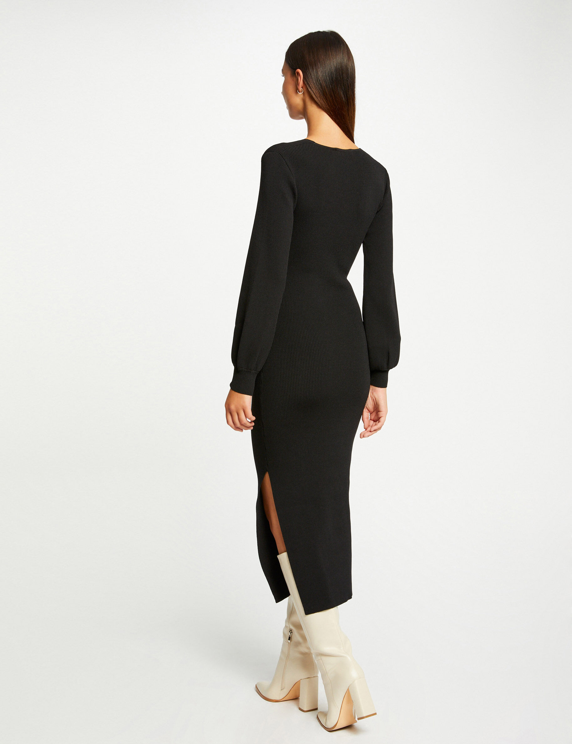 Fitted Long Knit Dress With Detail Black Women