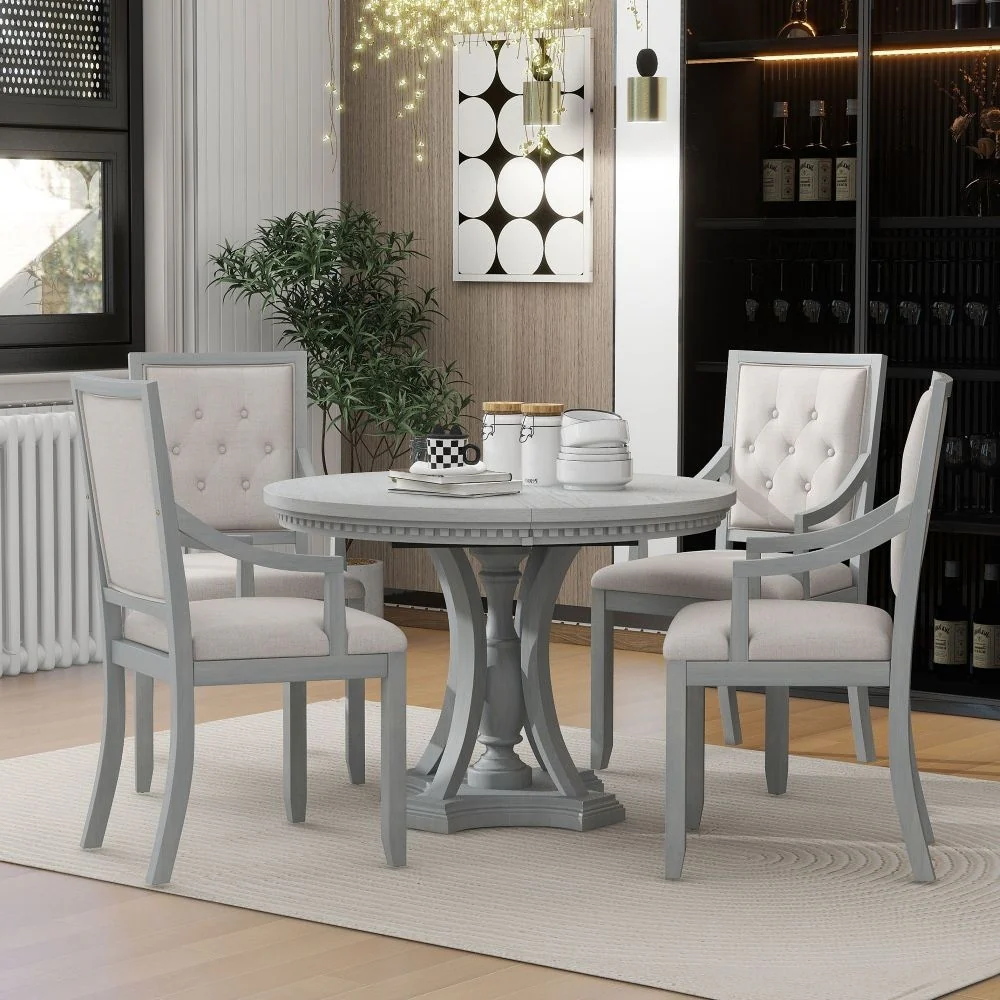 5-piece Dining Set Extendable Round Table and 4 Chairs for Kitchen Dining Room