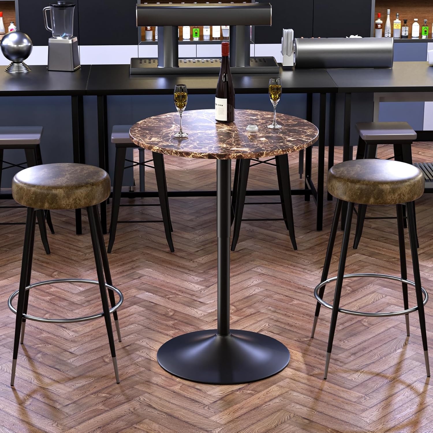 Magshion 23.5'' Round Adjustable Height Wood Bar Pub Table Adjustable Range 27.5-36 Living Room Dining Room Bar Cocktail Table (Marble Brown)