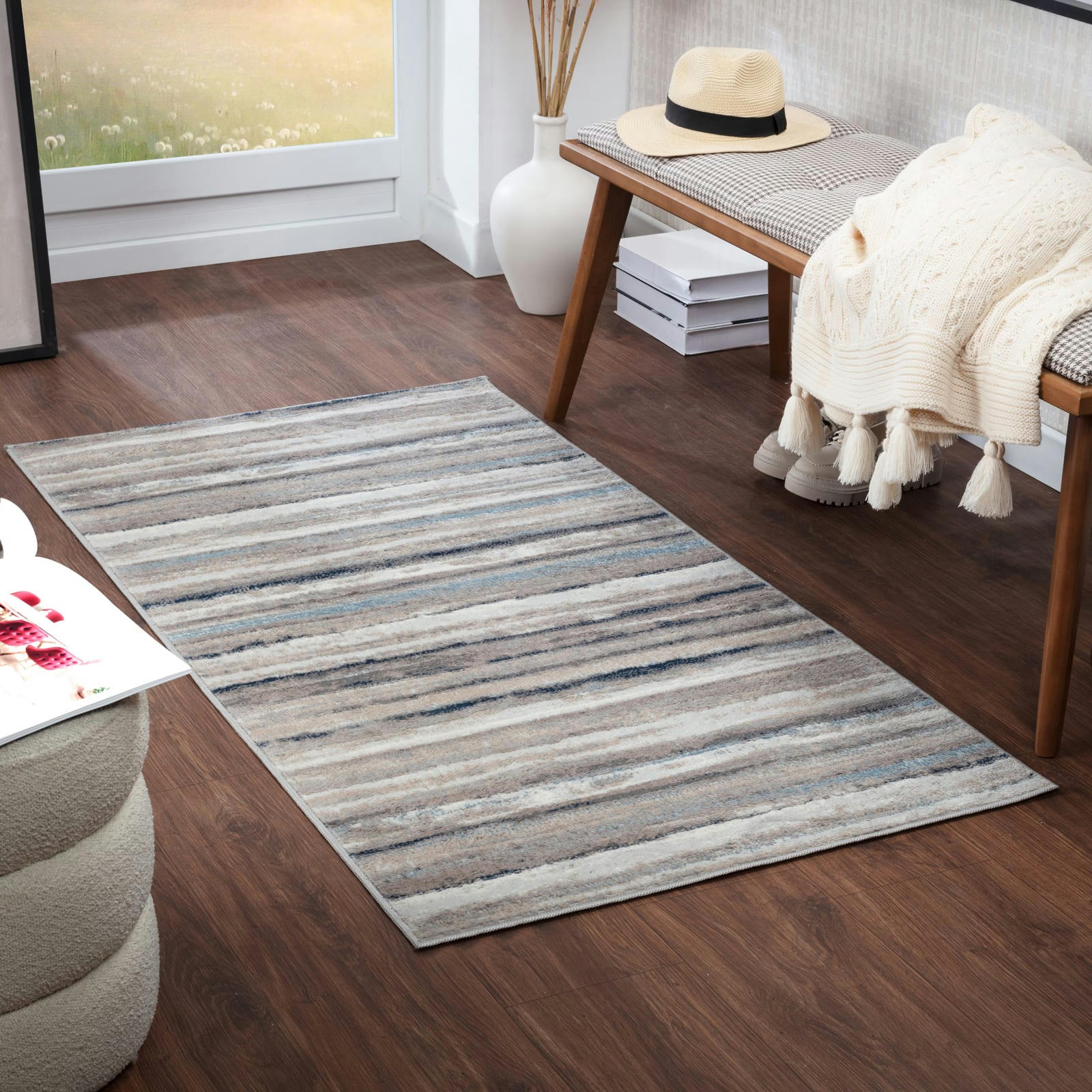 PANDORA - Tapis Couloir Scandinave Hygge Blanc/Gris/Bleu 80x150