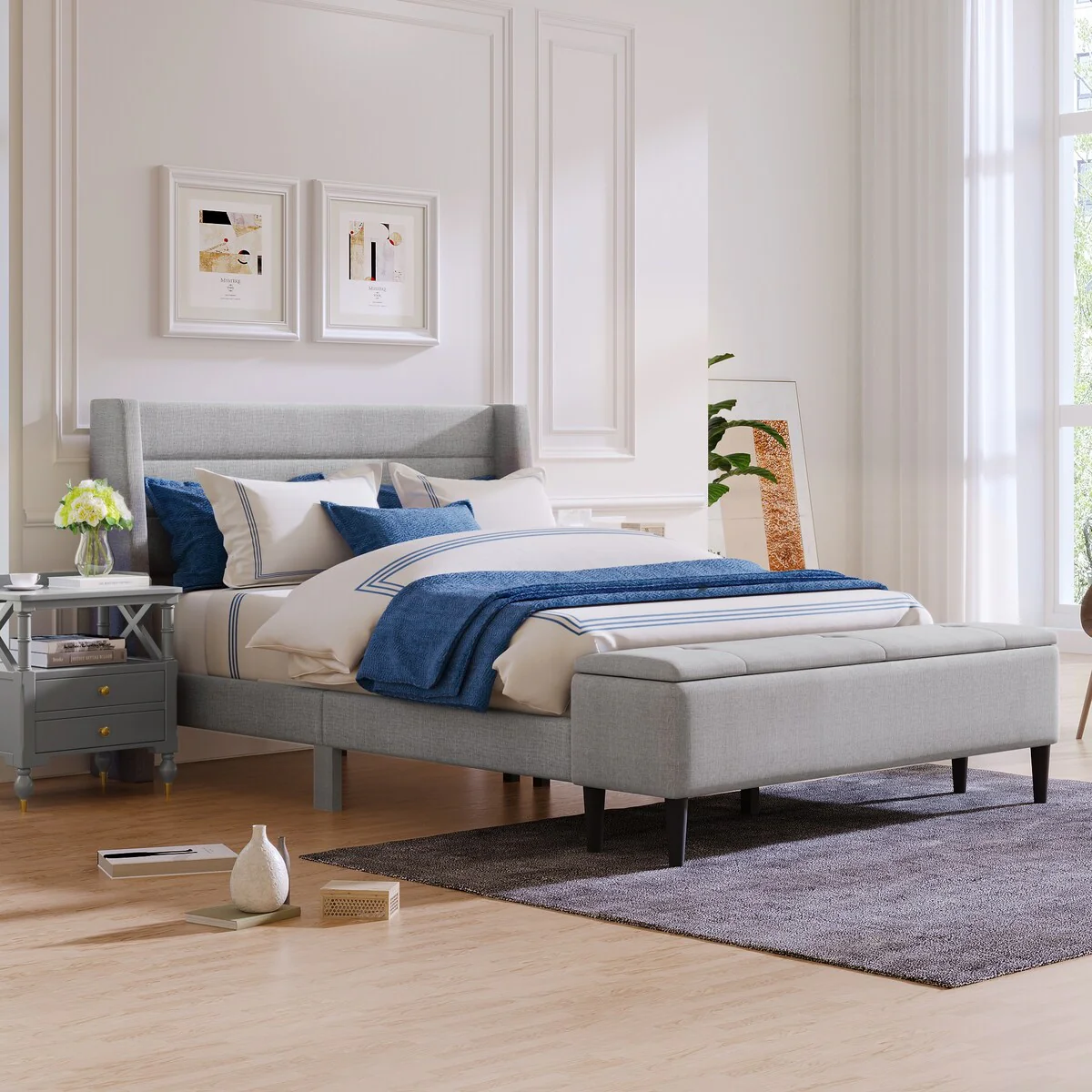 Queen Size Platform Bed with Storage Ottoman Bench and Two Nightstands