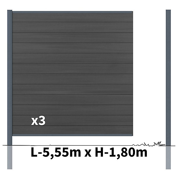 Kit Clôture Bois Composite Ardoise 5,5x1,8m CRUZ - Poteaux en Aluminium Gris - Brise Vue - Palissade