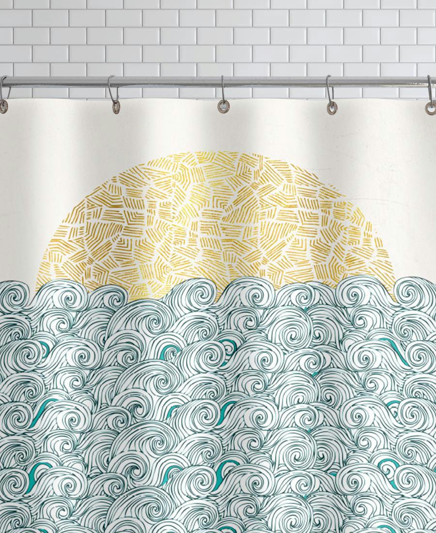 SUNNY TRIBAL SEAS - Rideau de douche en polyester en blanc & jaune 150x200