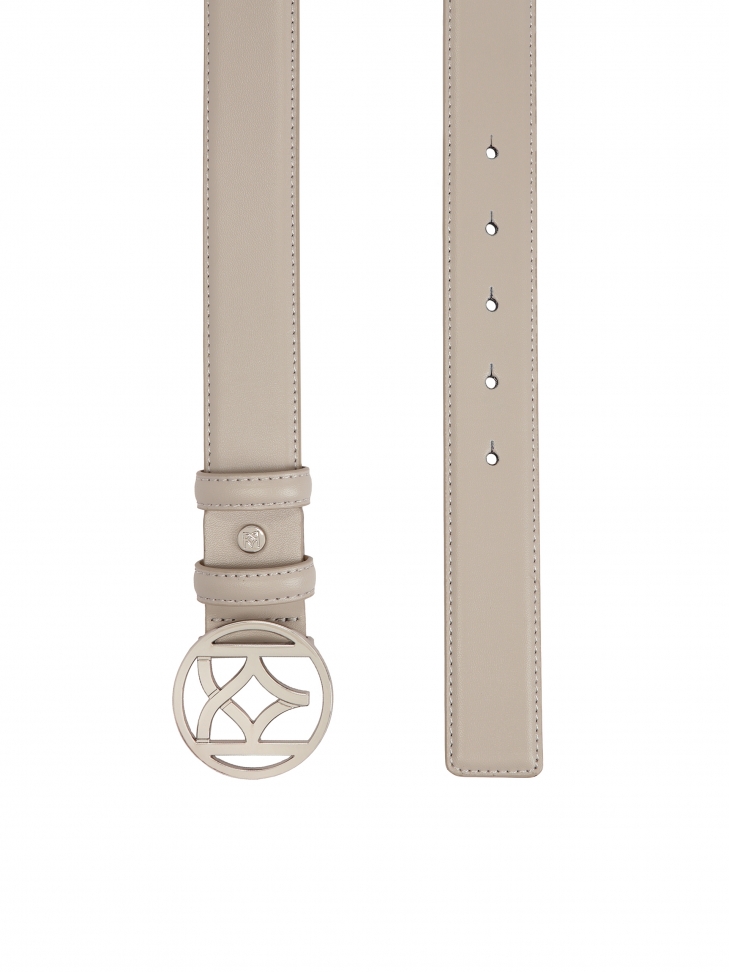 Grey leather belt with round buckle