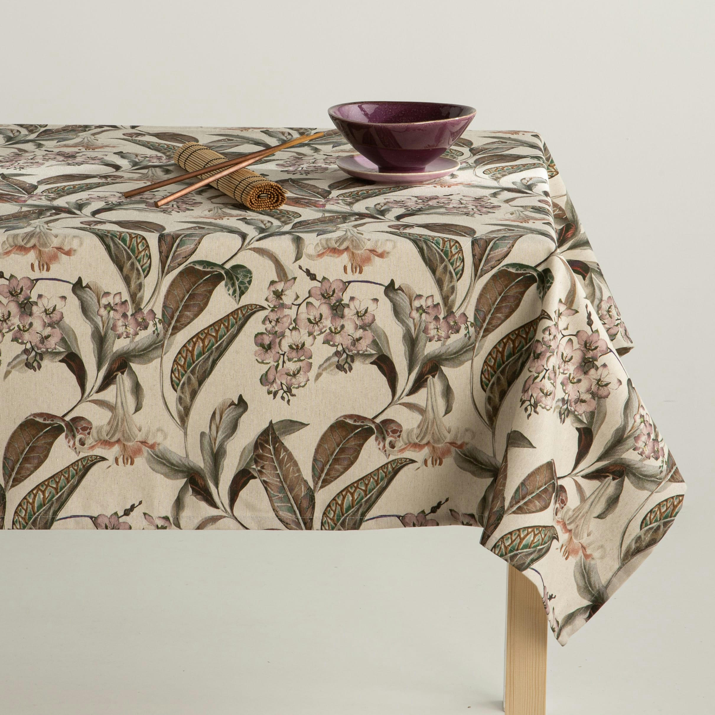 HELISE NATURAL - Nappe en lin antitâche imprimée floral brun 140x140 cm