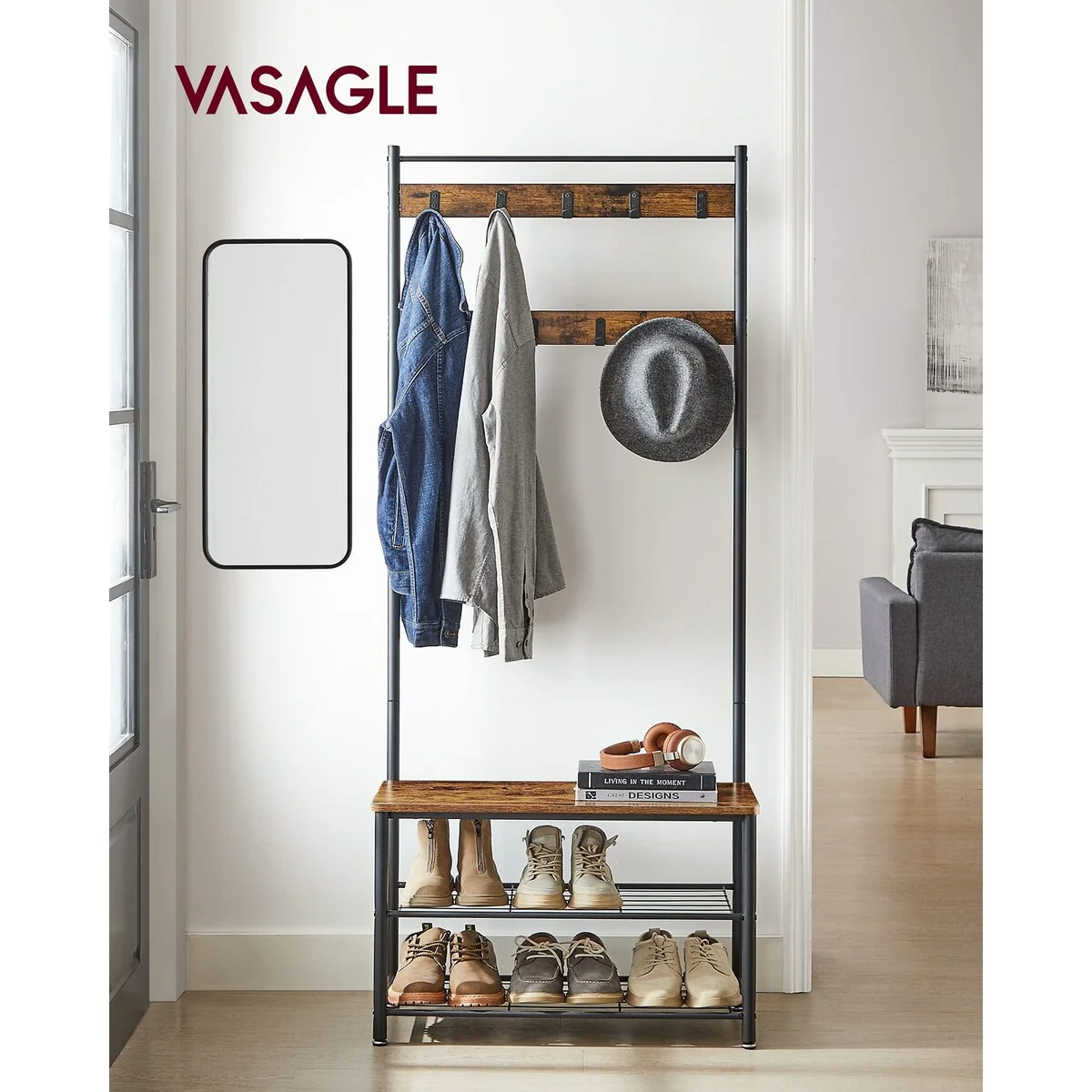 Coat Rack, Hall Tree with Shoe Storage Bench, Entryway Bench with Shoe Storage, 3-in-1, Steel Frame,12.6 x 27.6 x 69.8 Inches