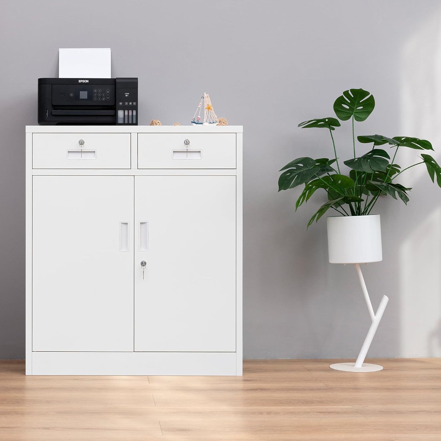 Wanfu Metal Storage Cabinet, Locking Storage Cabinet with Adjustable Shelf, 36 H Metal Cabinets with 2 Drawers for Office, Garage, Home-White