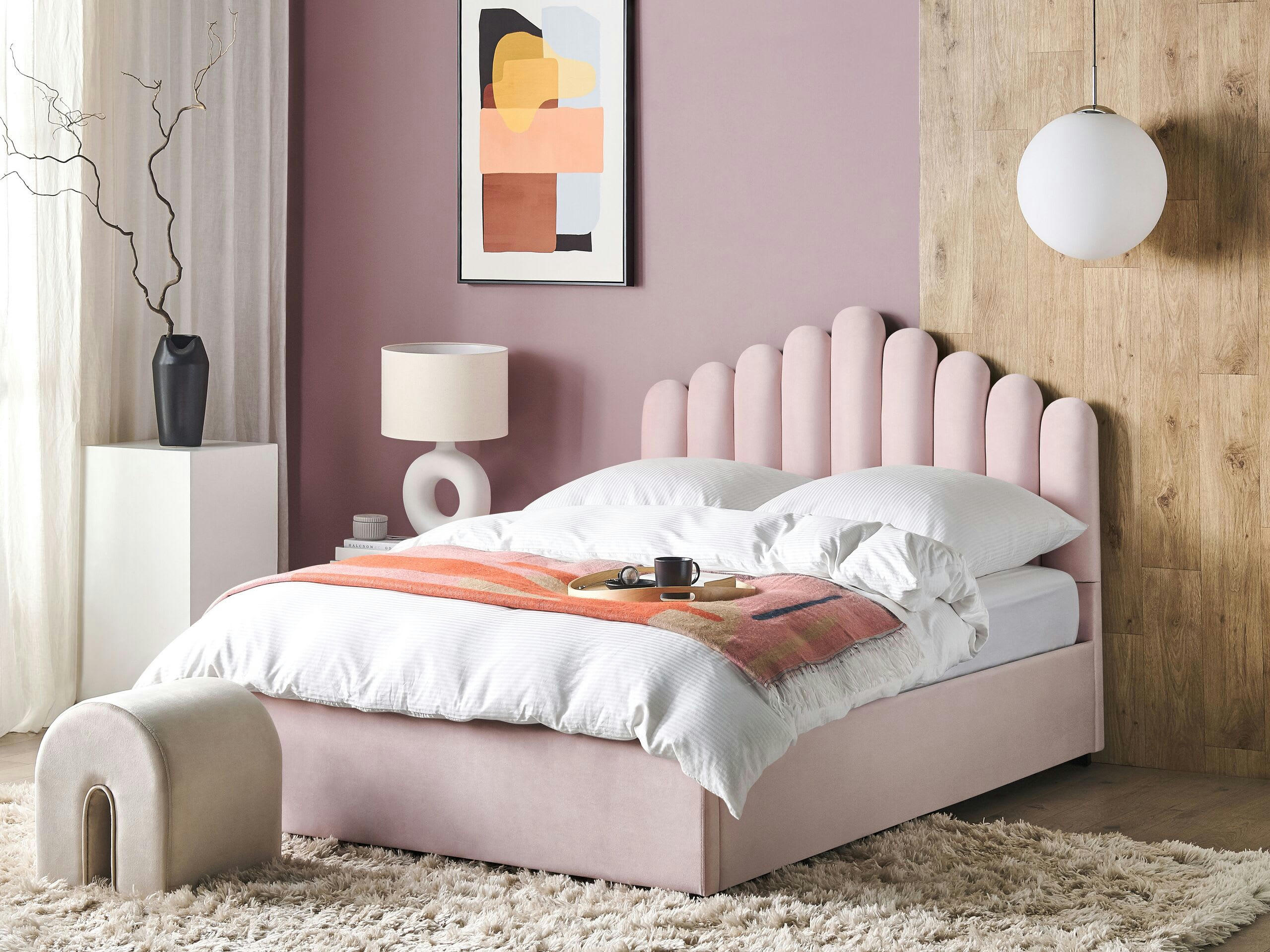 VINCENNES - Lit double en tissu rose 140x200