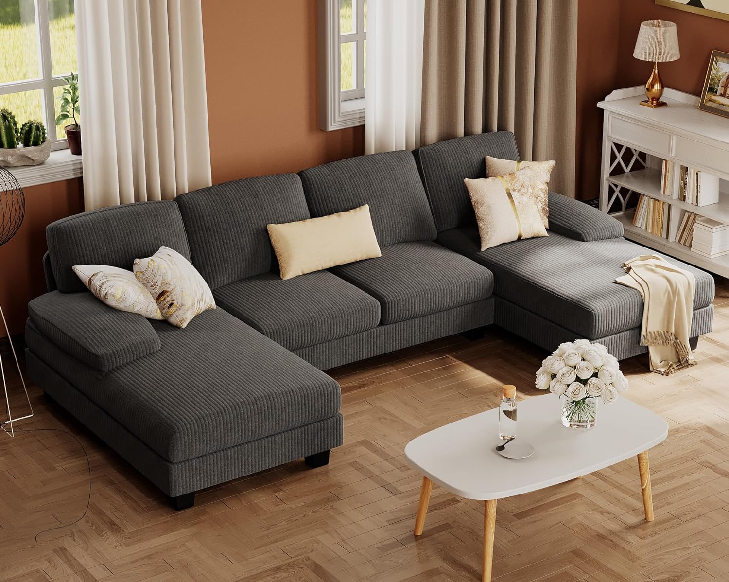 Furmax Sectional Couches for Living Room, U-Shaped Sofa Couch with Linen Fabric, 4 Seat Sofa Set with Double Chaise for Apartment (Corduroy, Dark Grey)