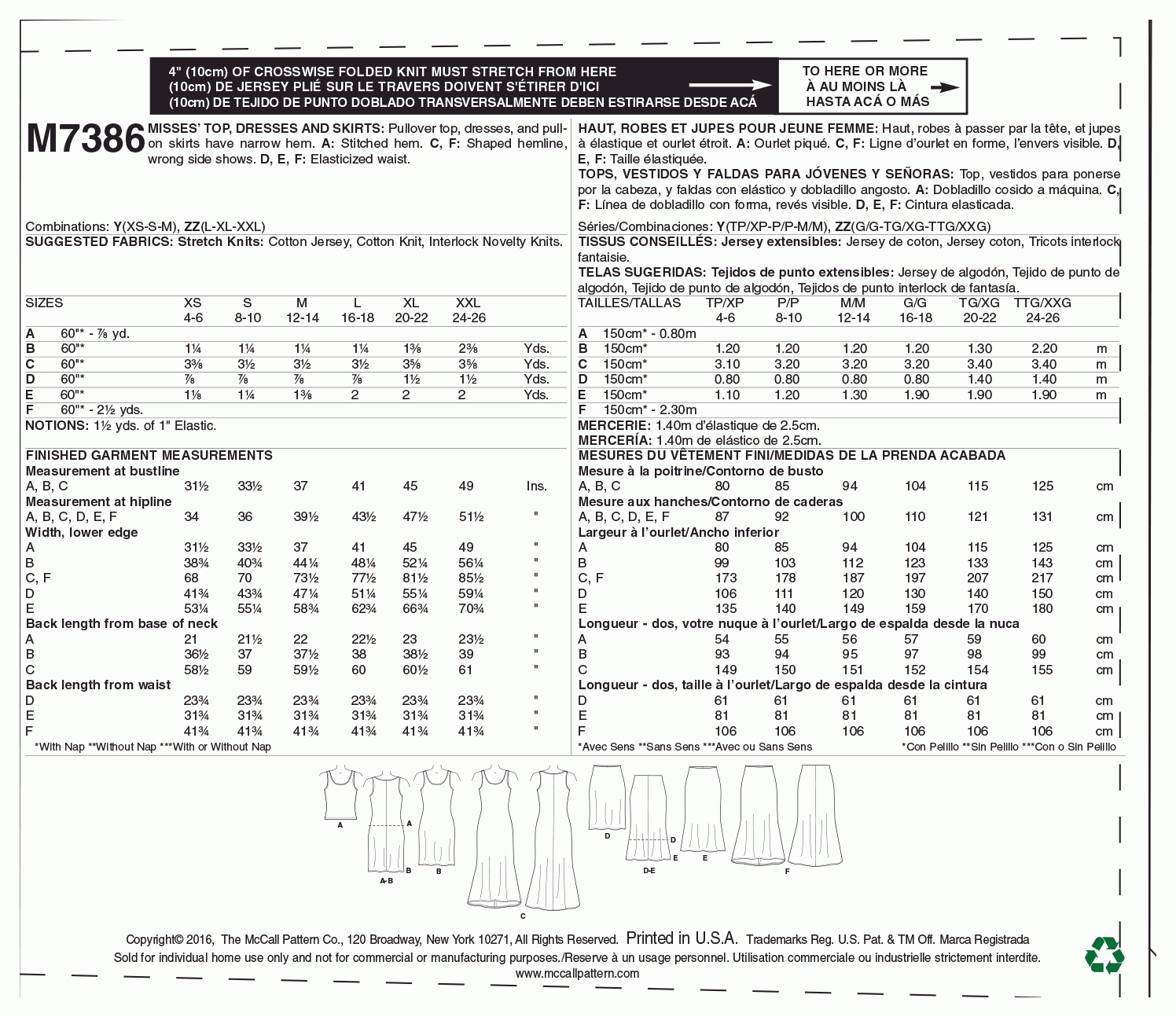 McCall's Pattern M7386 Misses' Knit Tank Top, Dresses and Skirts