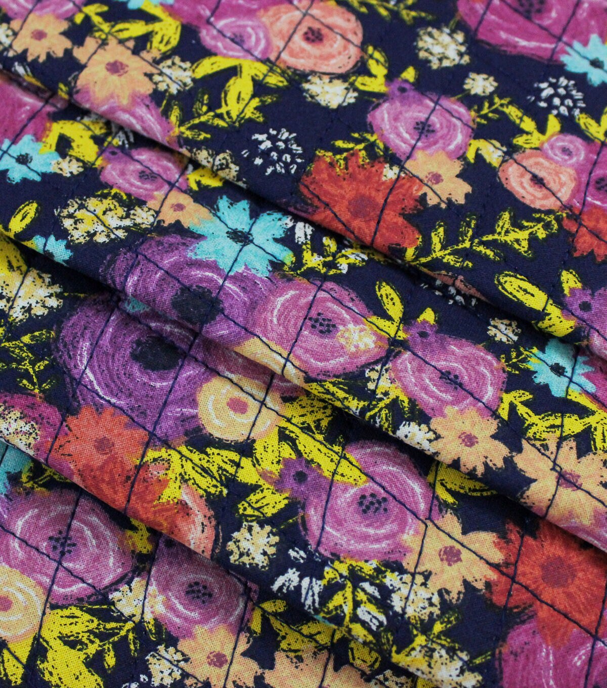 Navy Floral Double Faced Pre Quilted Cotton Fabric