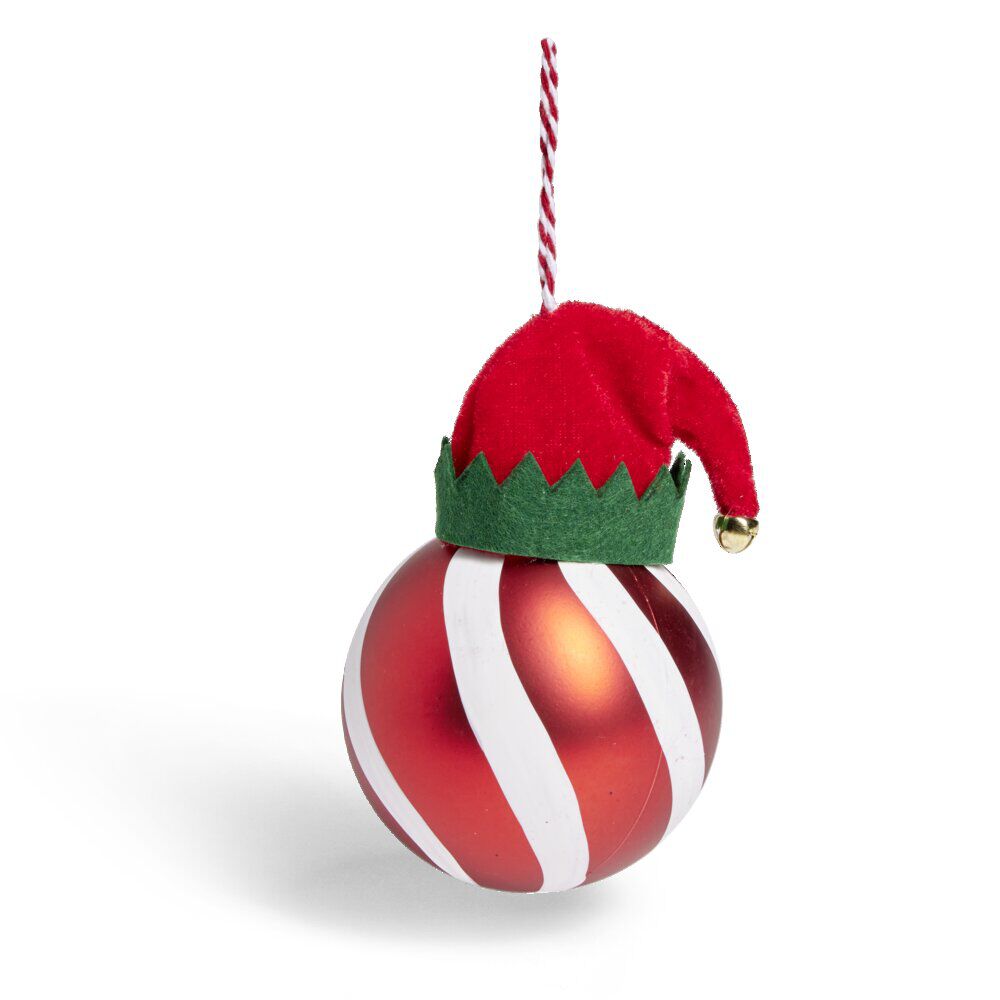 Boule de No&euml;l motif spirale et bonnet Père No&euml;l ou lutin Ø8xH11cm