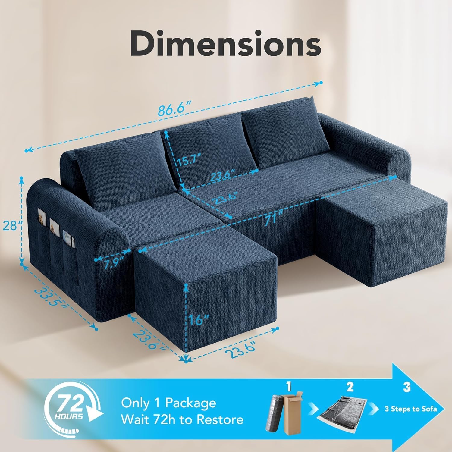 86.6 Cloud Boneless Sectional Sofa with Ottoman, L-Shaped Modular Couch for Living Room, Ultra Deep Seat Chenille Fabric Sofa, No Assembly Required, Blue