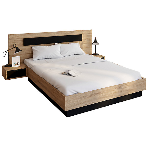 Lit double SANTA avec tête de lit   tables de chevet intégrées et sommier 140 x 190 cm bois et noir