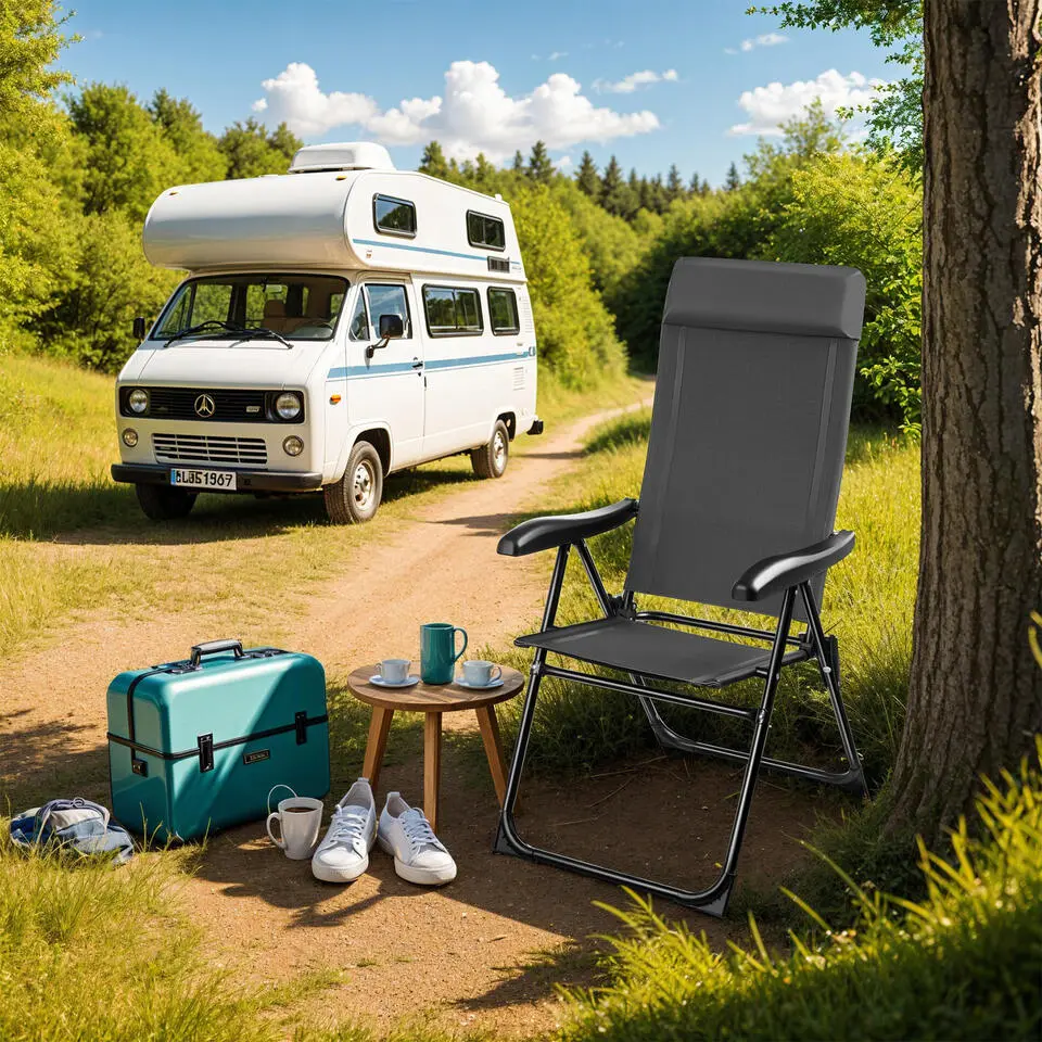 tectake Inklapbare campingstoel M&uuml;ritz met hoofdkussen, aluminium, Antraciet