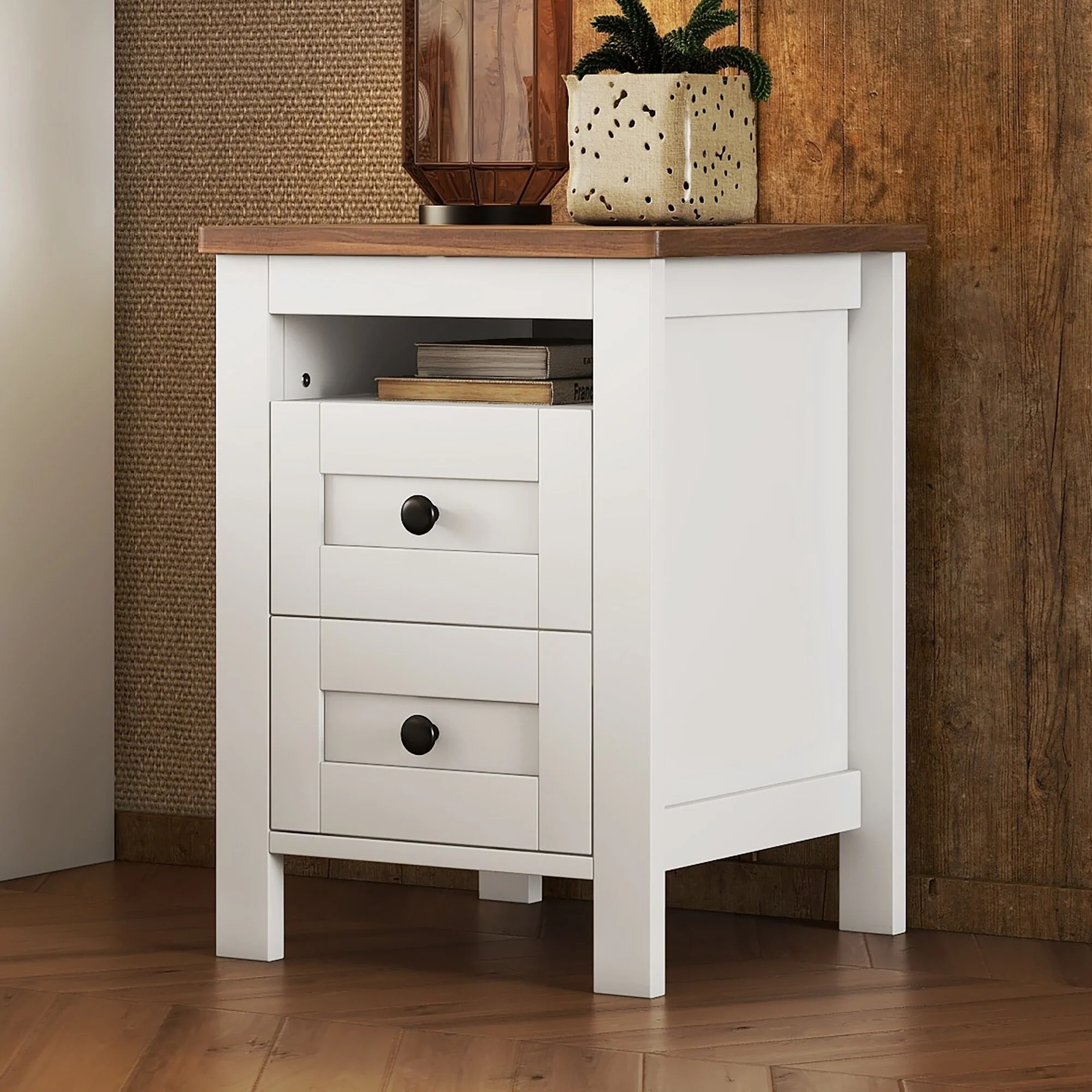 2-Drawer Farmhouse Nightstand with Built-in Open Shelf Storage Wood Side Table Storage Cabinet for Bedroom