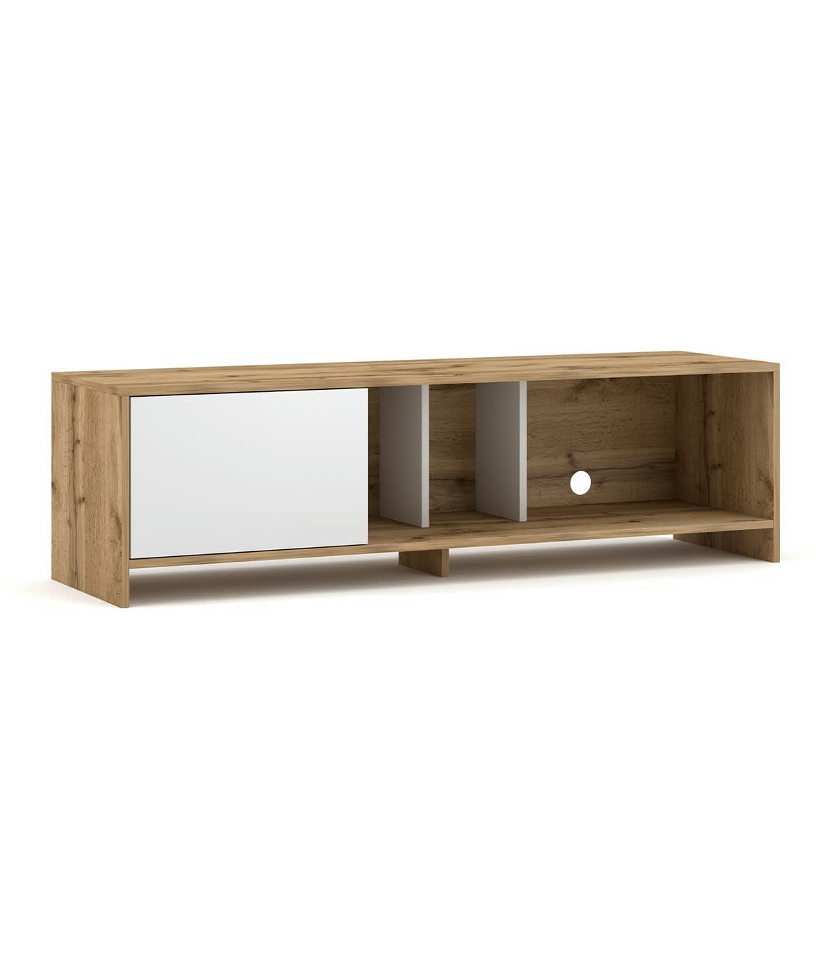 SUE - Meuble TV 1 porte L140 cm - Décor bois clair et blanc