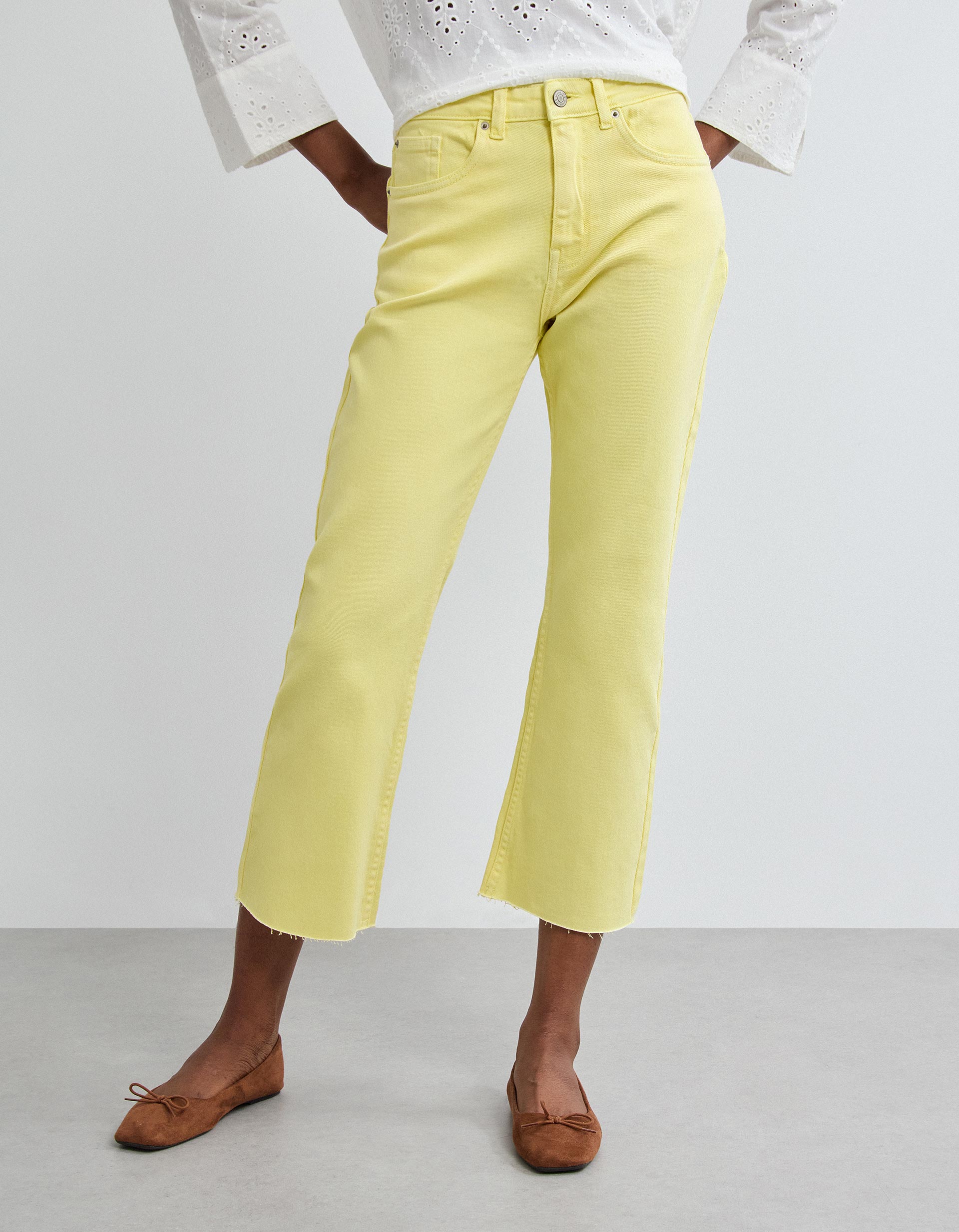 Calças de Ganga 'Straight Cropped', Mulher, Amarelo Claro