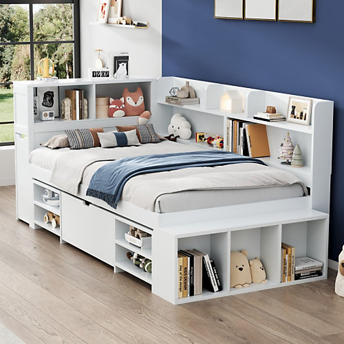 Lit simple 90x200cm en MDF - Avec tiroirs et étagères - Bibliothèque amovible - Avec sommier à lattes - Blanc(sans matelas)
