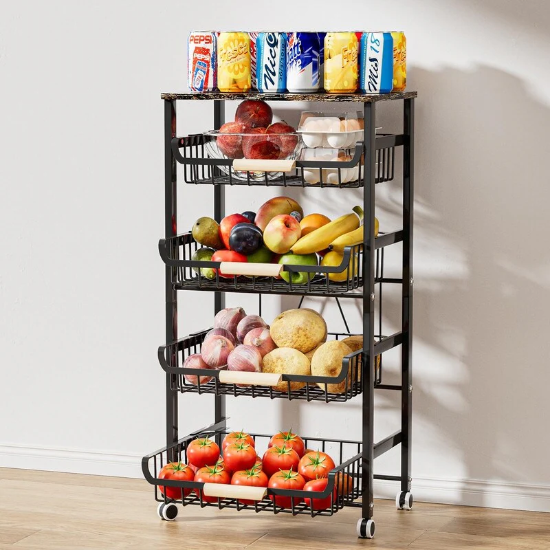 4-5Tier Slide Out Metal Storage Baskets Carts Organizers Drawers and Handle with Rolling Wheels Fruit Basket - N/A