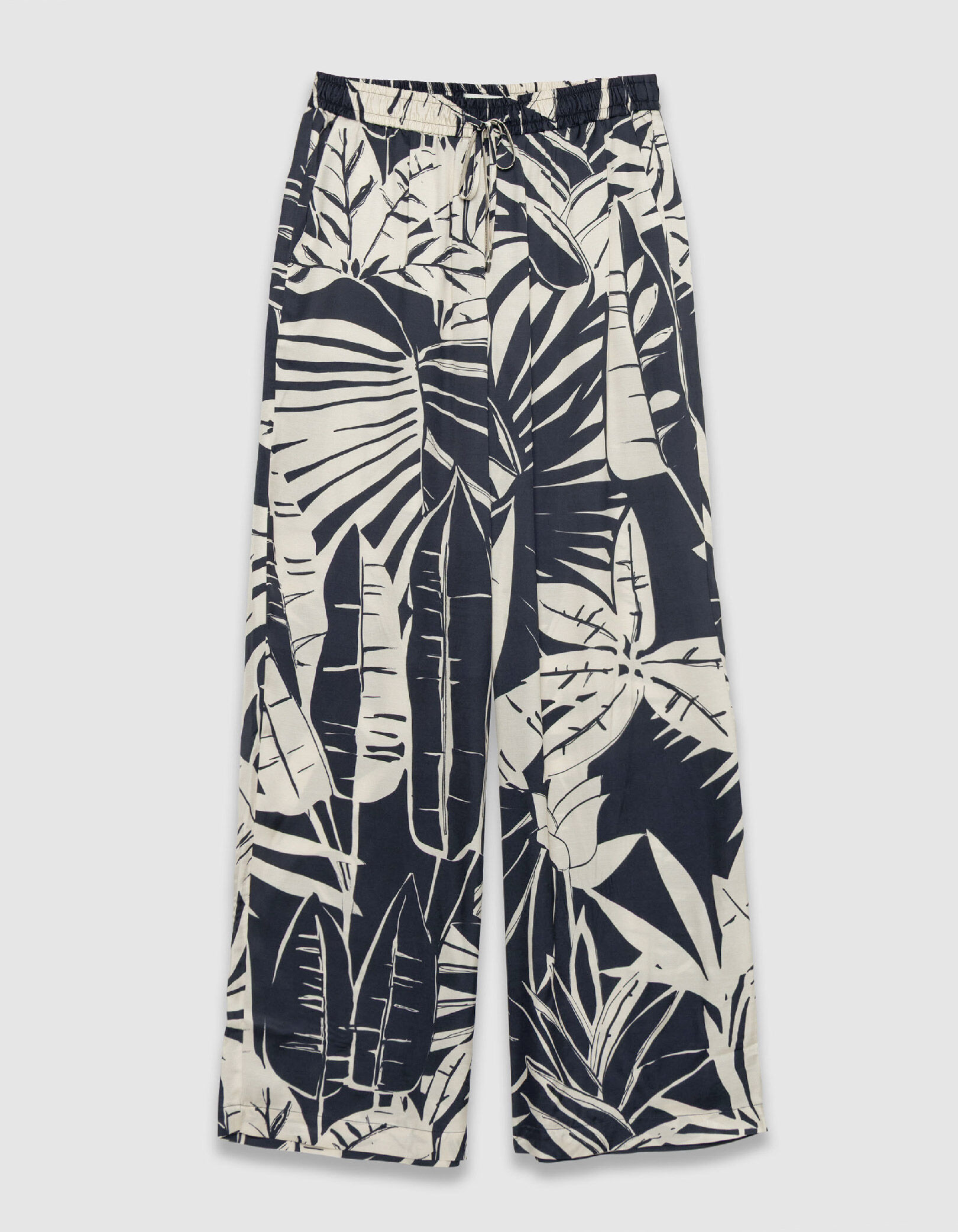 Pantalon large marine satiné imprimé maxi feuilles Femme