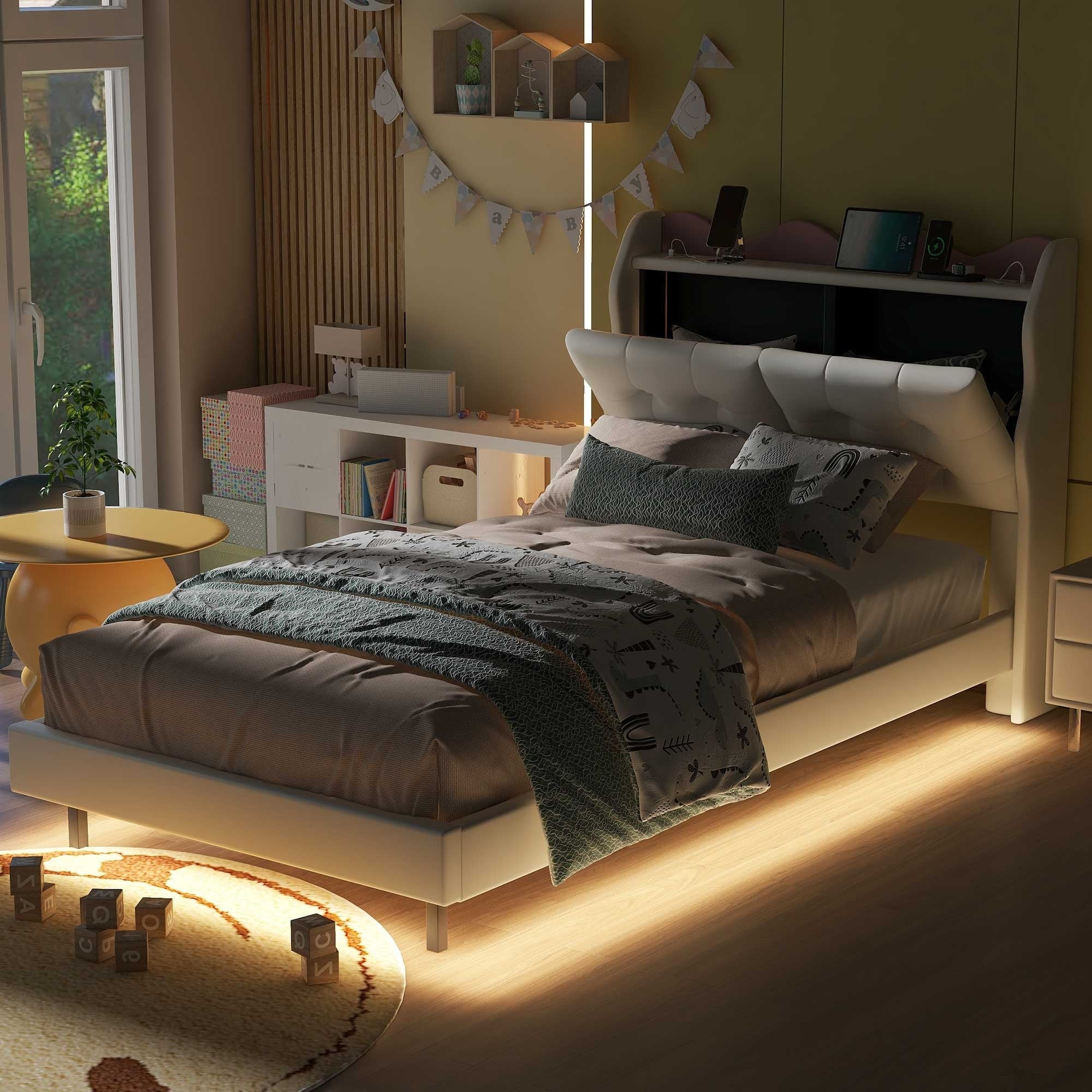 Twin Upholstered Platform Bed with LED Lights, Storage Headboard & USB Ports