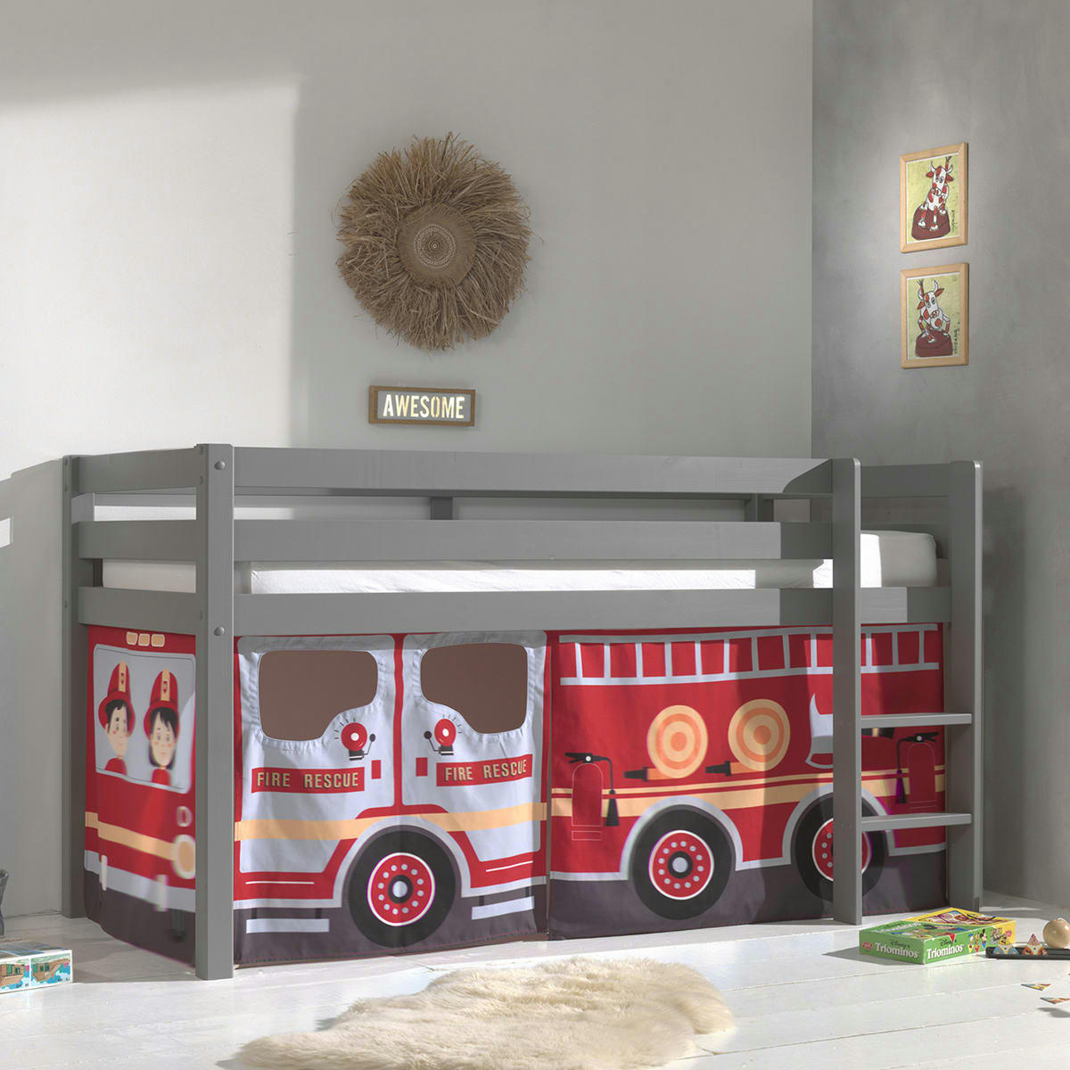 PINO - Lit mi-hauteur 90x200 sommier inclus housse pompier gris