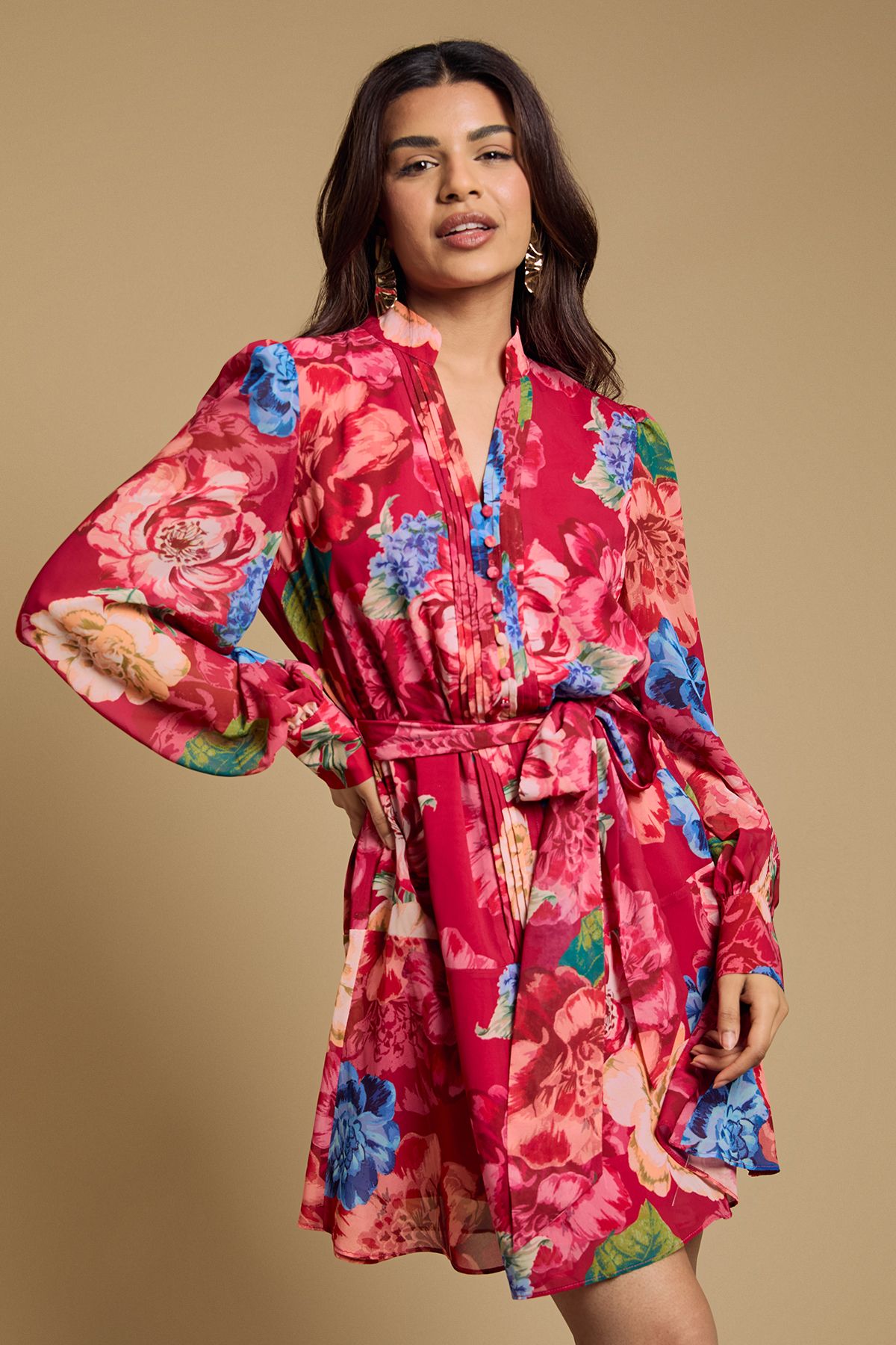 Oasis Petite Printed Chiffon Button Up Belted Waist Mini Dress