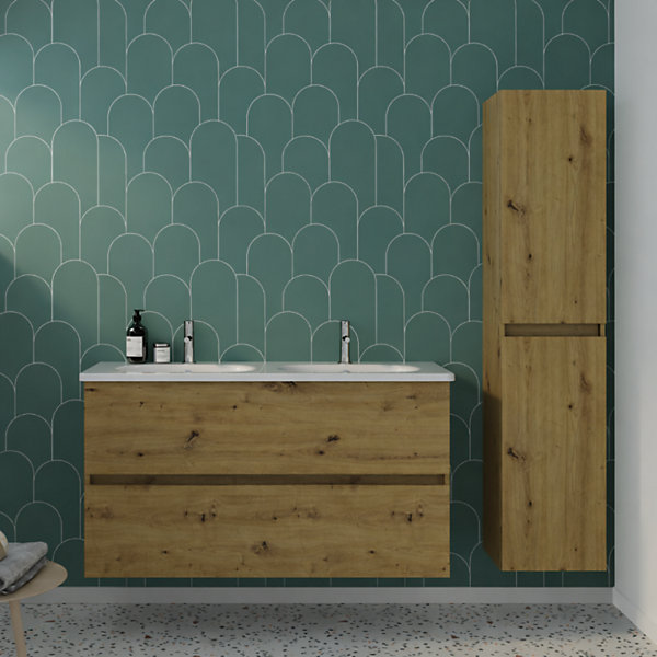 Pack meuble de salle de bain double vasque 120 cm chêne BURGBAD Joline   colonne