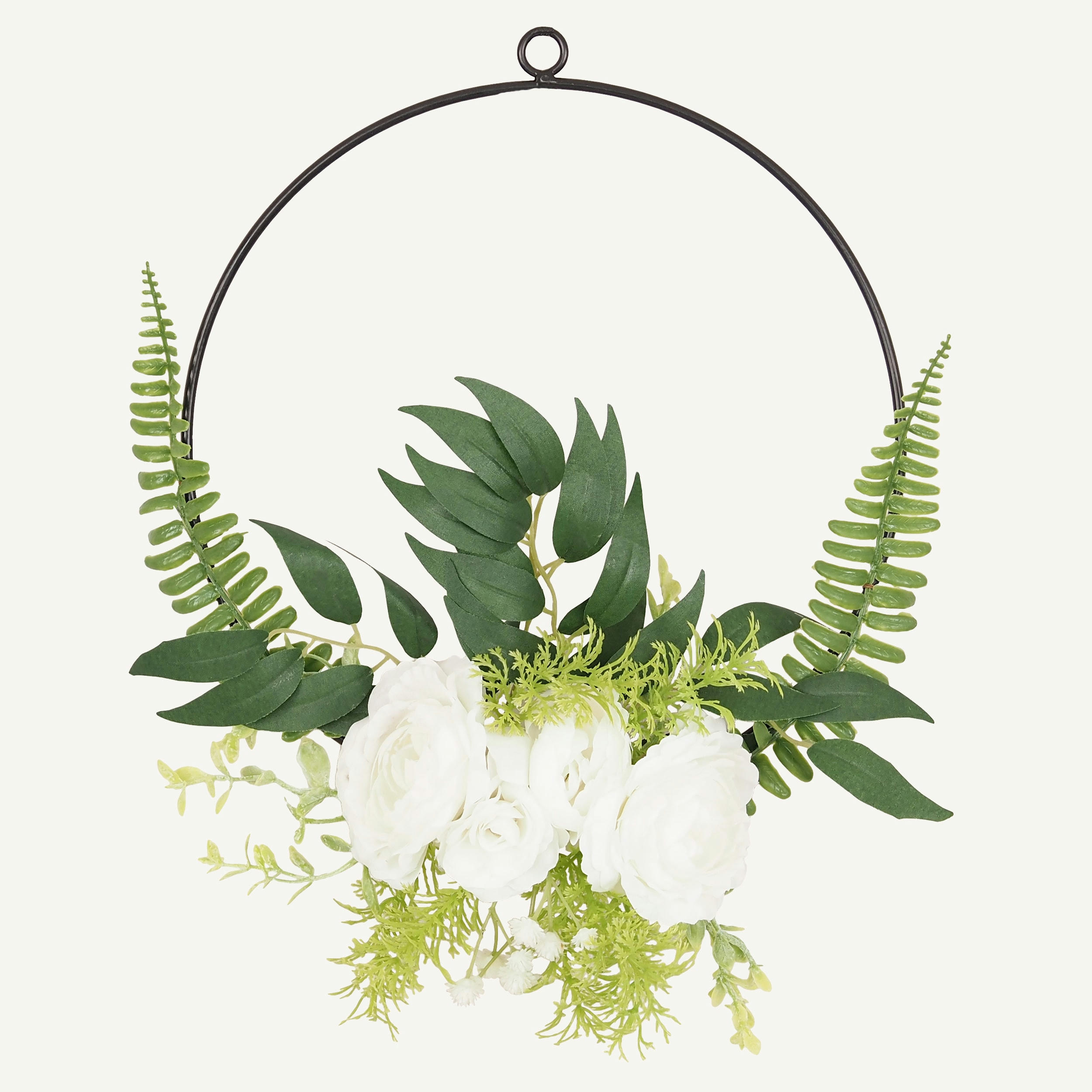 - Couronne de fleurs artificielles blanches et de feuillages D27cm