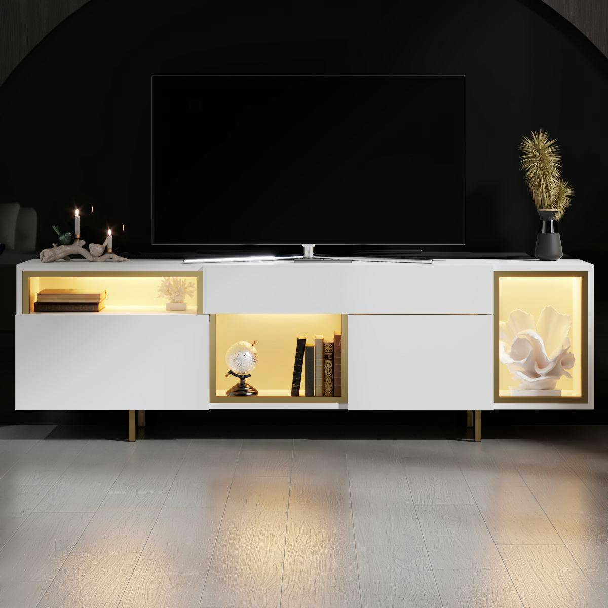 Buffet blanc et doré 2 portes 3 niches LED AURA