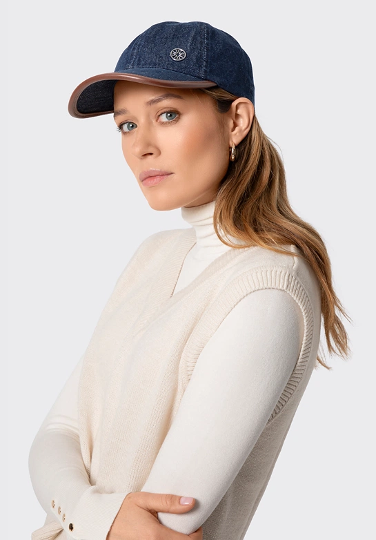 Czapka z daszkiem z domieszką bawełny unisex granatowo - brązowa
