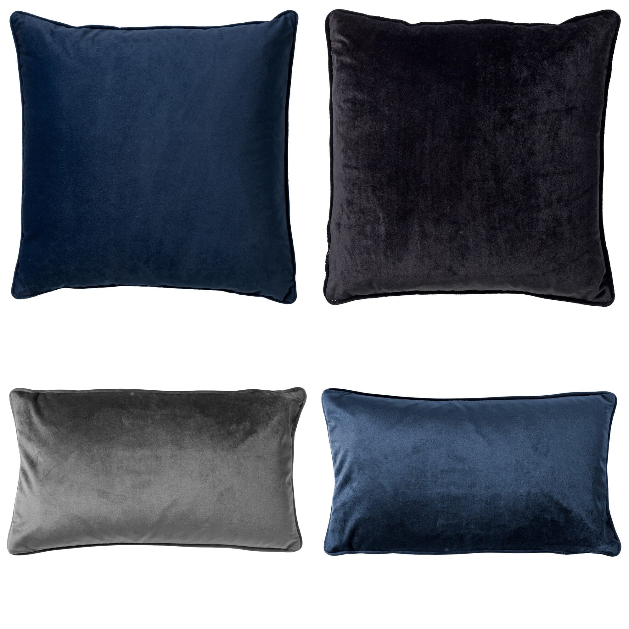 KUSSENSET - 4-delig - Matching Velvets - 45x45 cm en 30x50 cm - inclusief binnenkussens - blauw, zwart, grijs