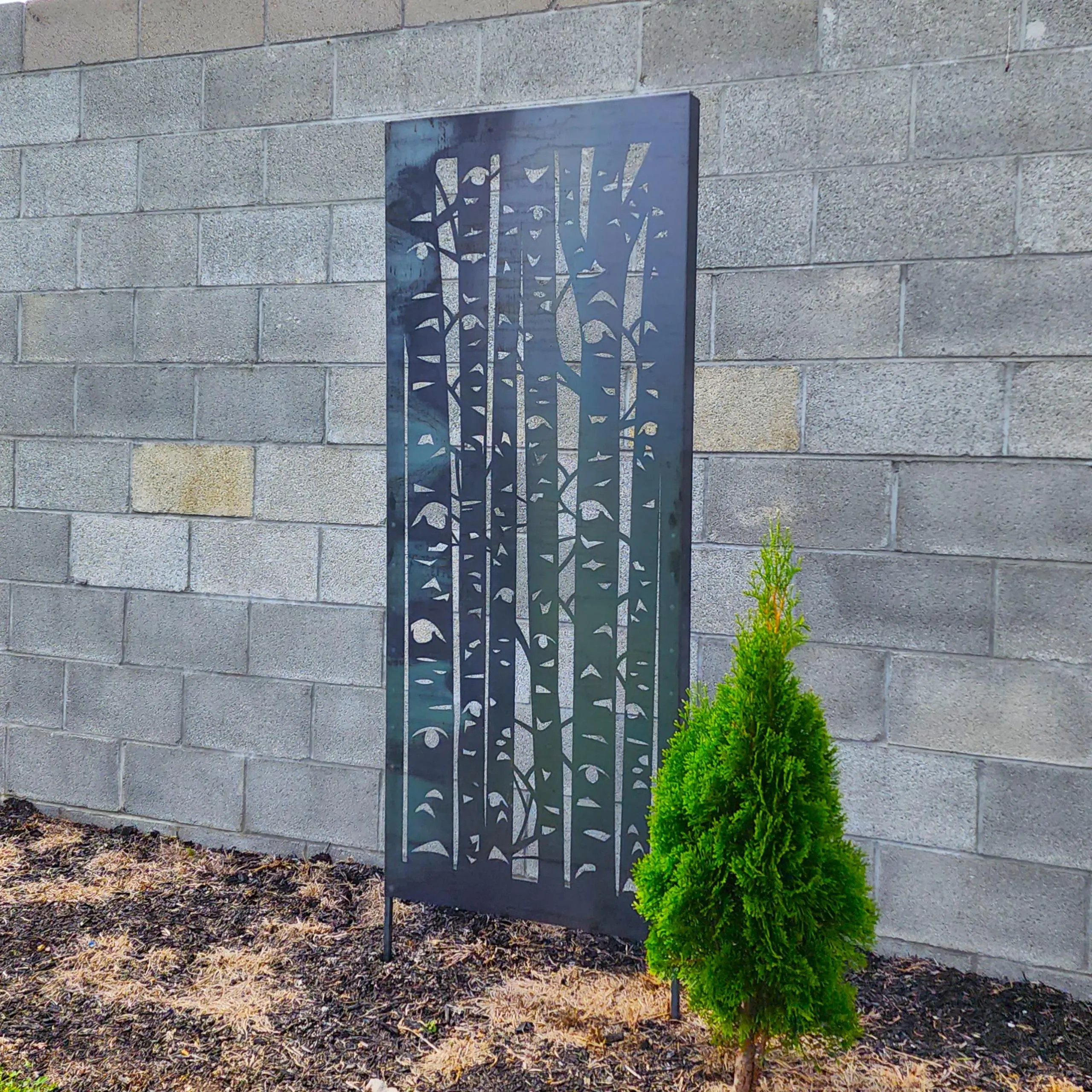 Outdoor Metal Privacy Panel – Birch Tree Garden Screen with Ground Stakes, Decorative Yard Divider