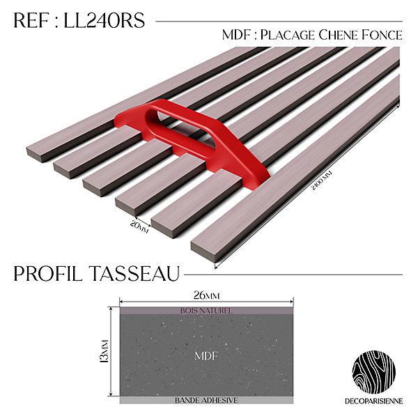 Kit tasseaux adhésif chêne foncé - Gabarit de pose offert - Surface de 2,4 M2 - Panneau tasseau sur-mesure