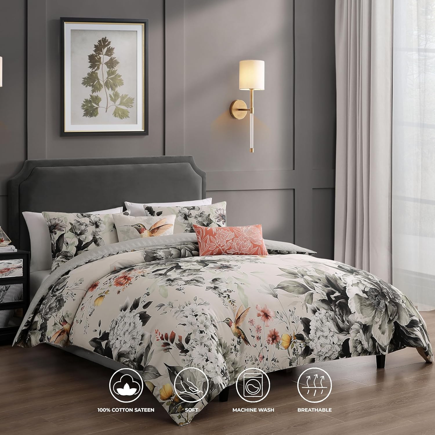 Bebejan Vintage Bloom 5 Piece Comforter Set, 100% Cotton Sateen, 220 Thread Count, Grey Reversible Bedding Comforter Set, 1 Comforter, 2 Shams & 2 Pillows (King/Cal King)
