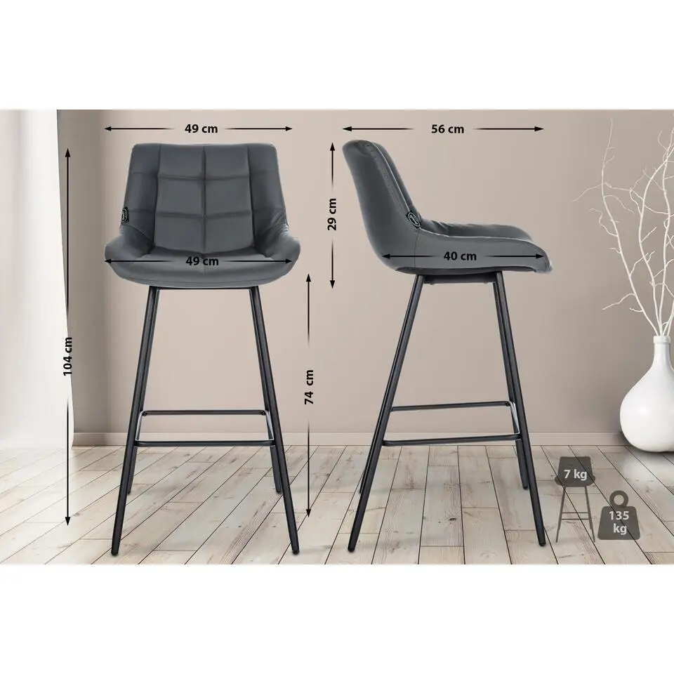 CLP Barkruk Weston zwart Frame - Kunstleer - grijs