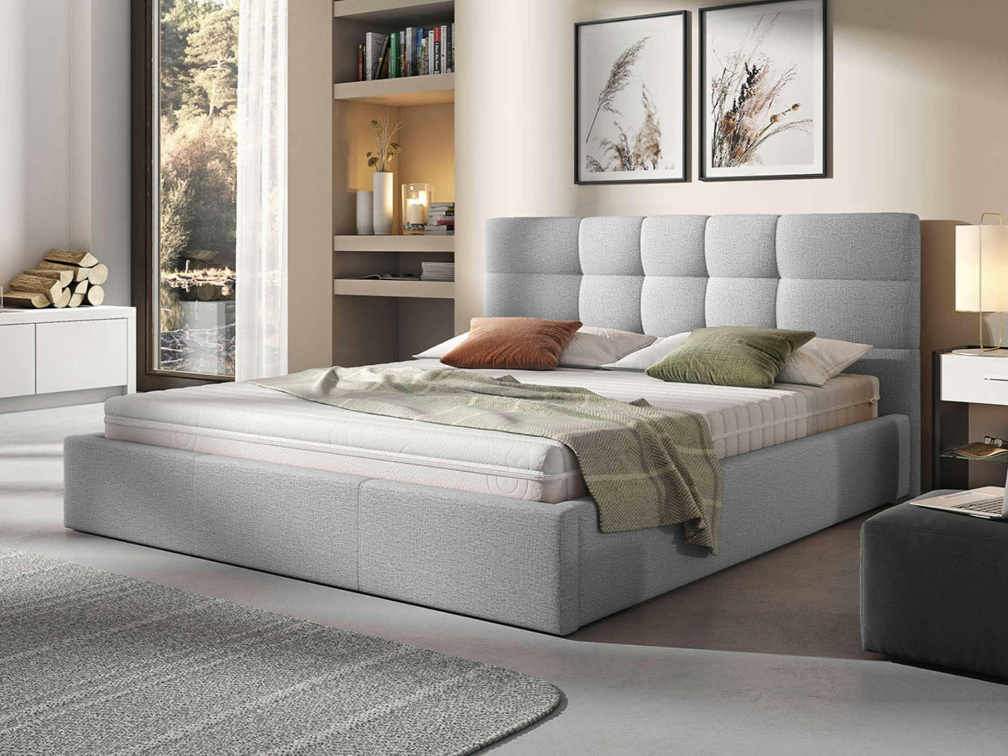 MAEL - Lit coffre en Tissu 180x200 gris clair