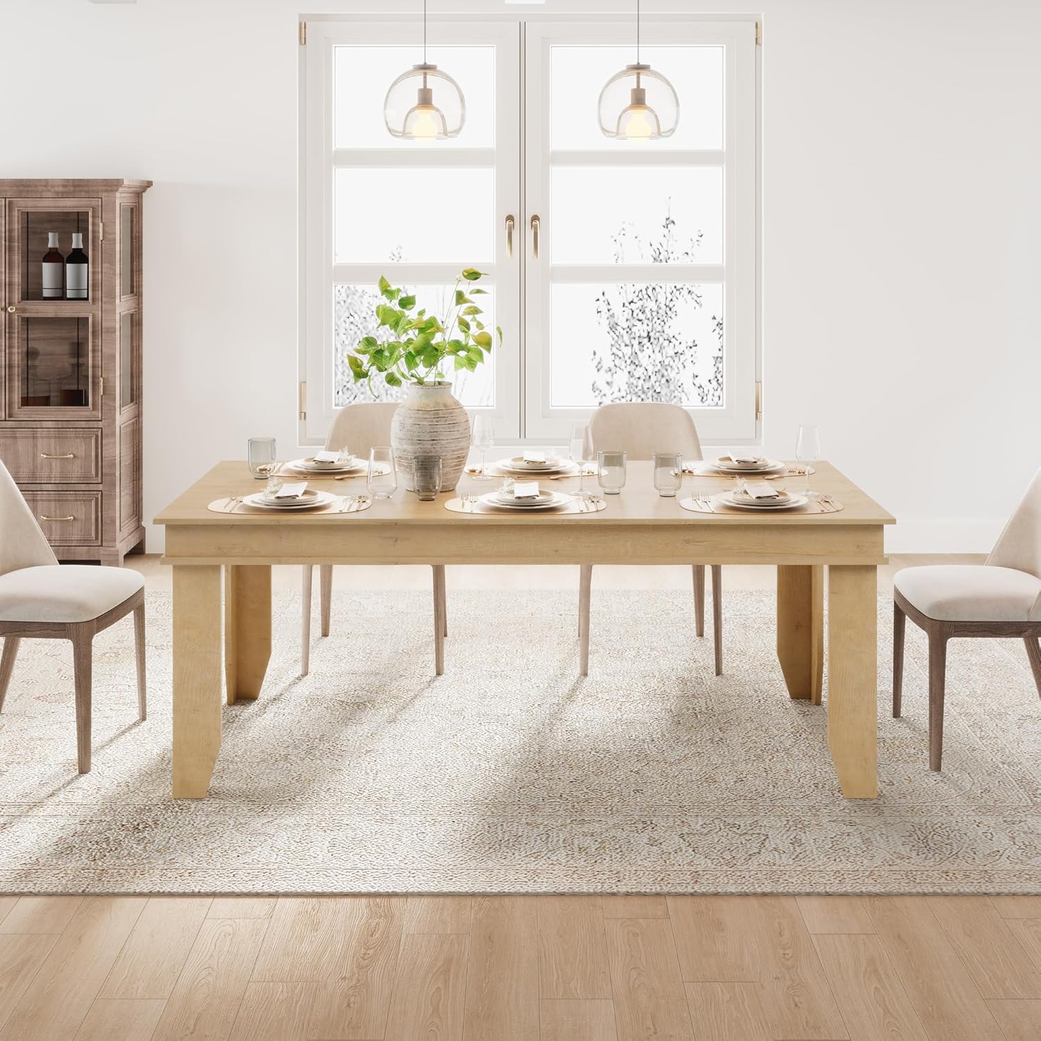 GarveeHome Farmhouse Dining Table for 6-8 People, 71 in Long Kitchen Tables with Wooden Sturdy Frame, 6 ft Large Rectangular Dinner Table for Dining Room, Kitchen (Natural, 71 Non-extendable)