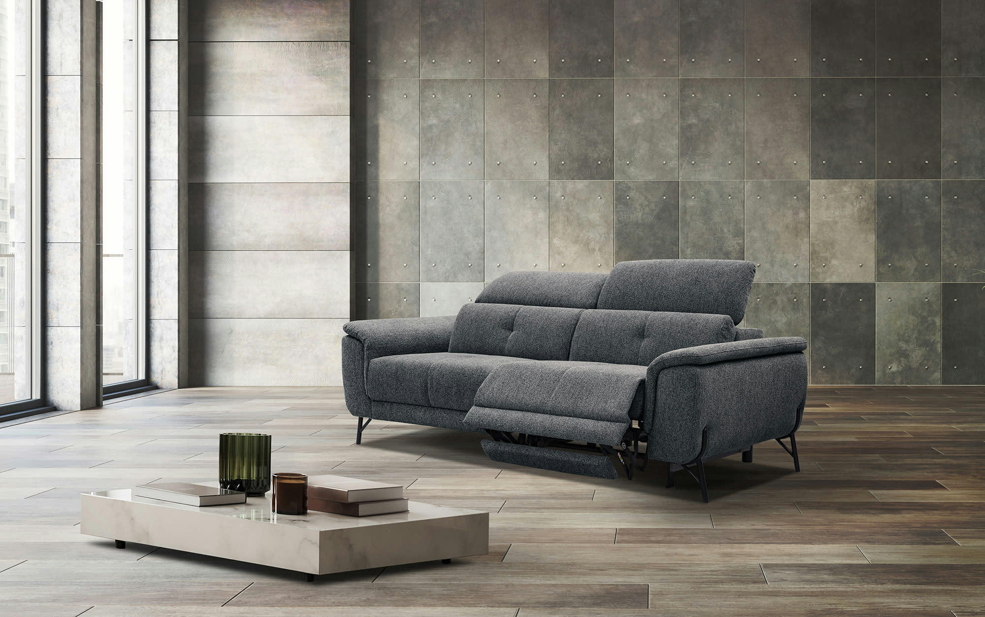 AVENA - Canapé droit 3 places avec relax électrique à droite tissu gris foncé