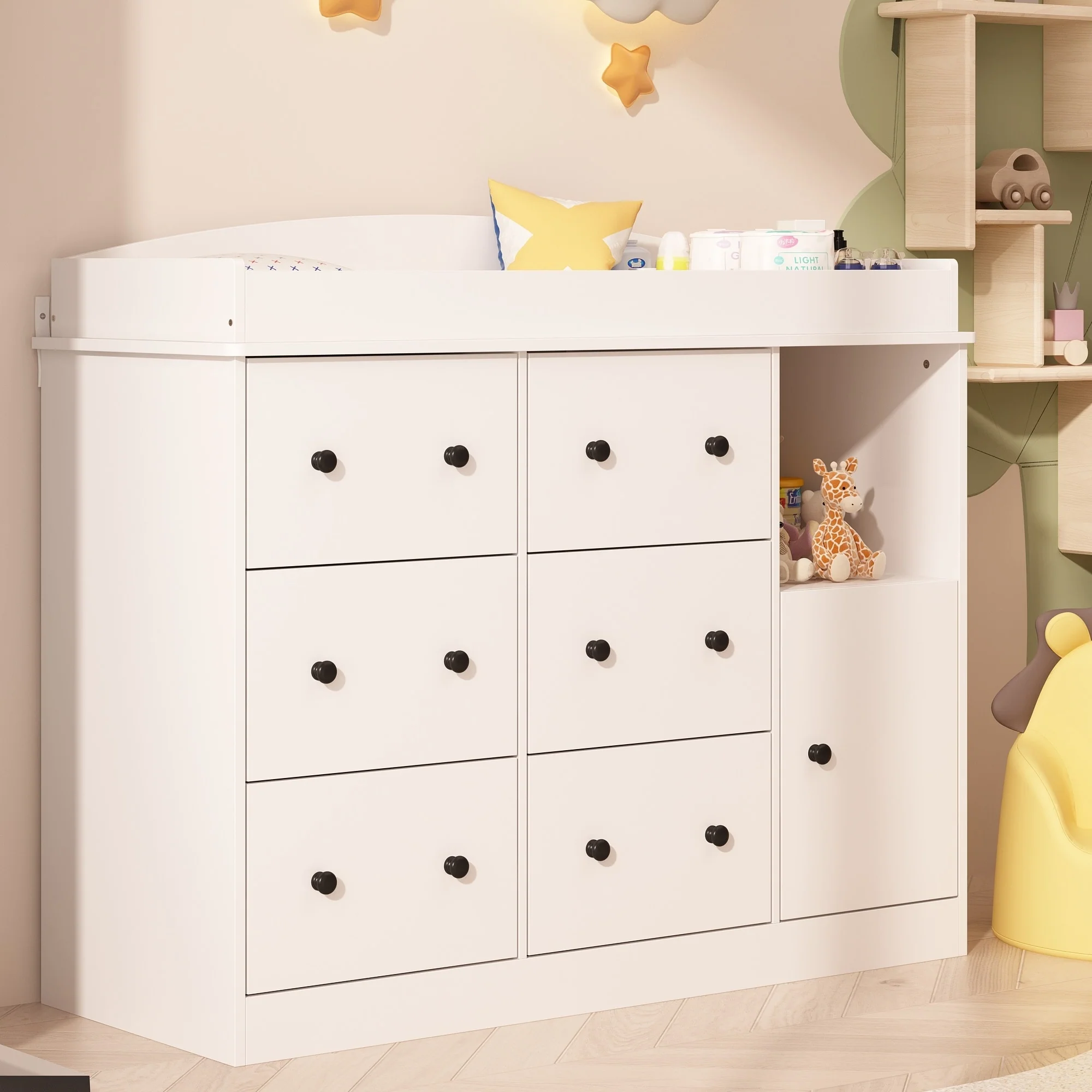 47.2 Changing Table Dresser with 6 Drawer 1 Cabinet Chest Storage