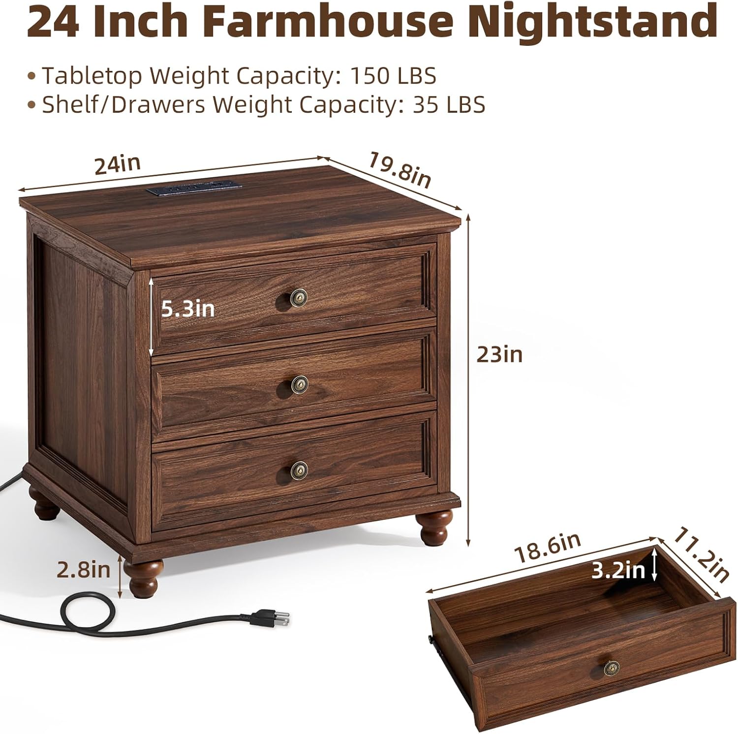 Farmhouse Nightstand Set of 2 with Charging Station, 24 Wide End Table with 3 Drawers,Dresser for Bedroom,Bed Side Table Chest of Drawers Cabinet,Wood Brown Night Stand for Living Room