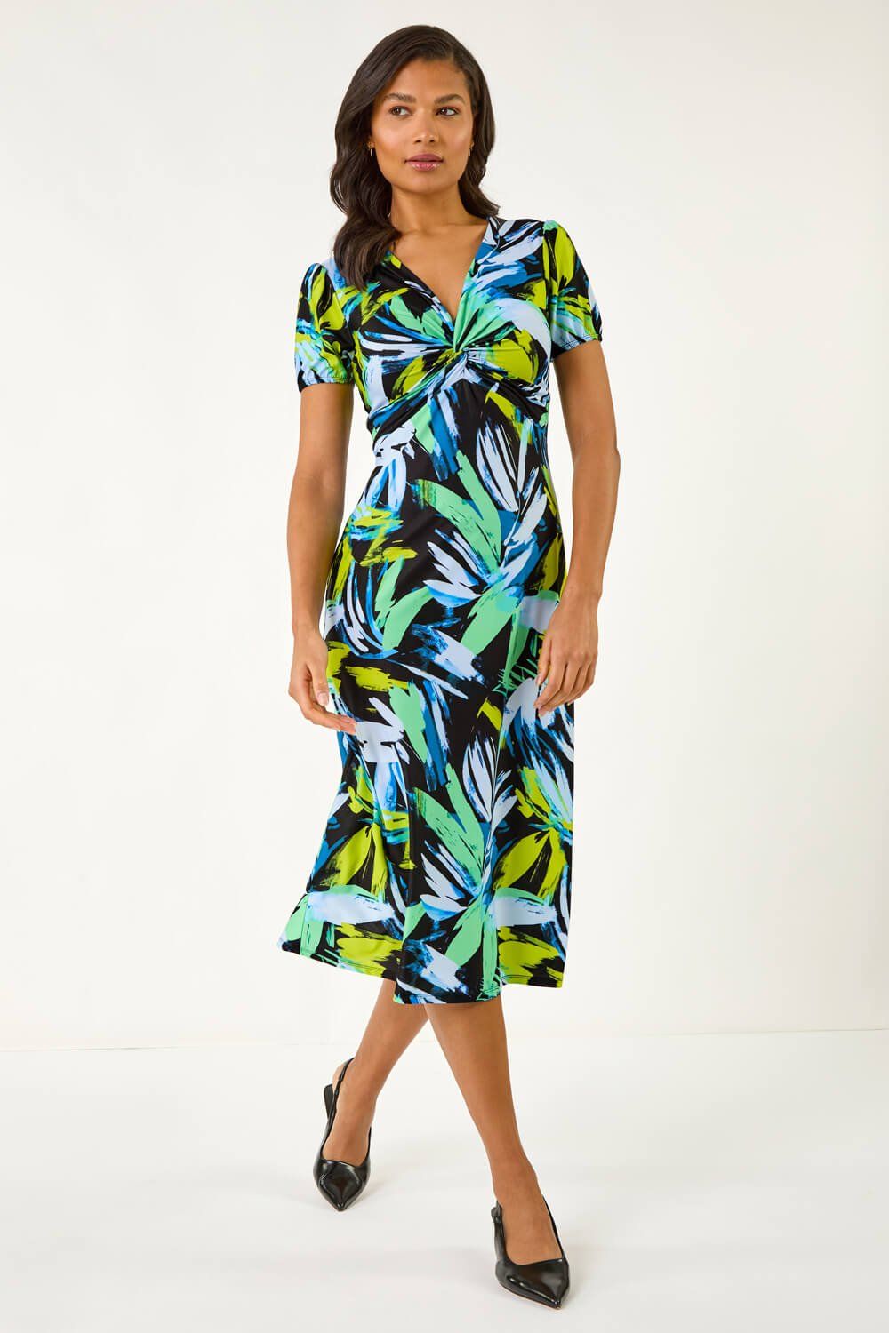 Roman Leaf Print Twist Front Midi Dress