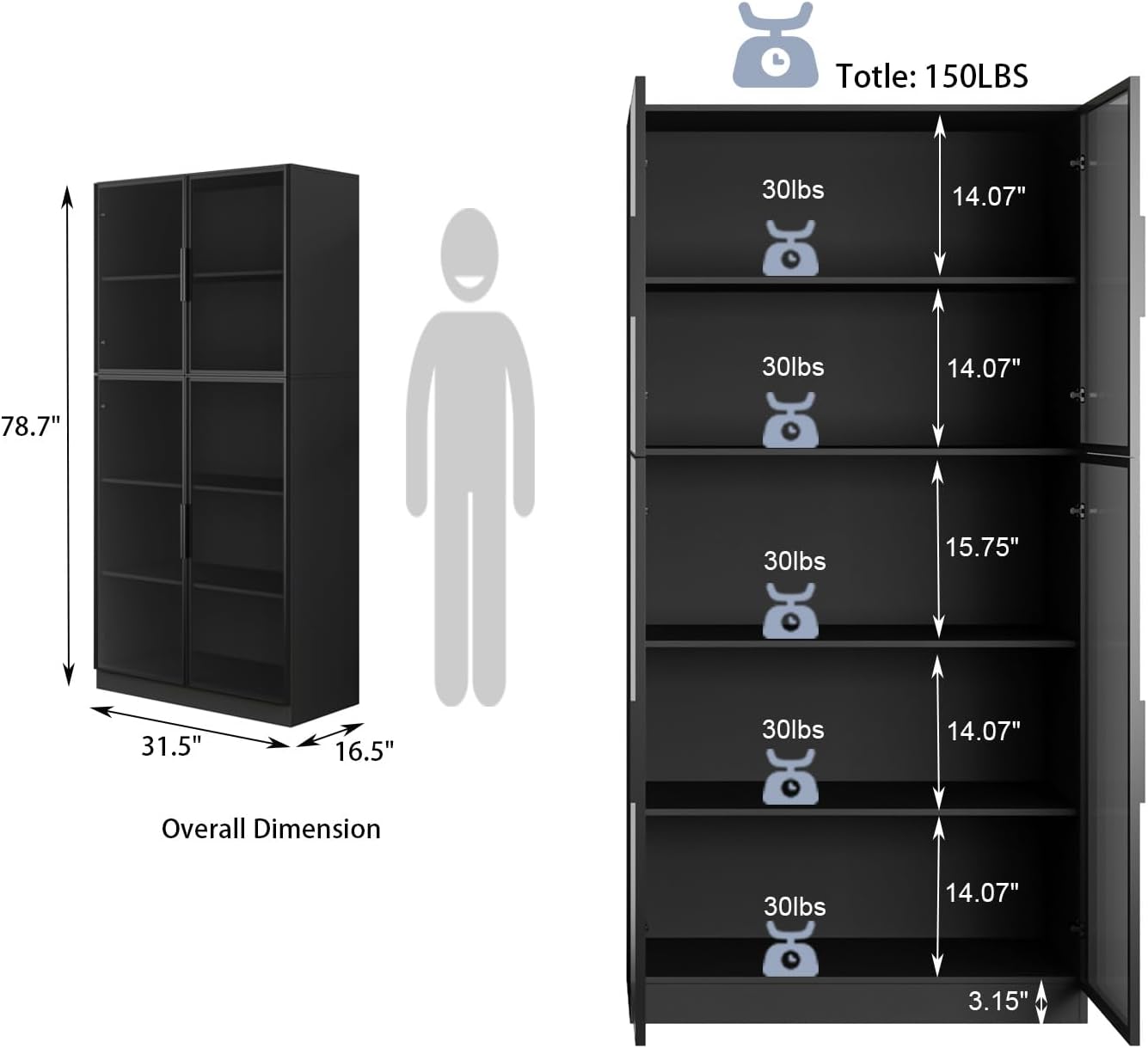 78.7 Display Cabinet with 4 Glass Doors, 5 -Tier Storage Cabinet with APP Control LED Lights, Tall Black Bookcase with Storage, Wooden Display Case for Collectible, Living Room, Office(Black)
